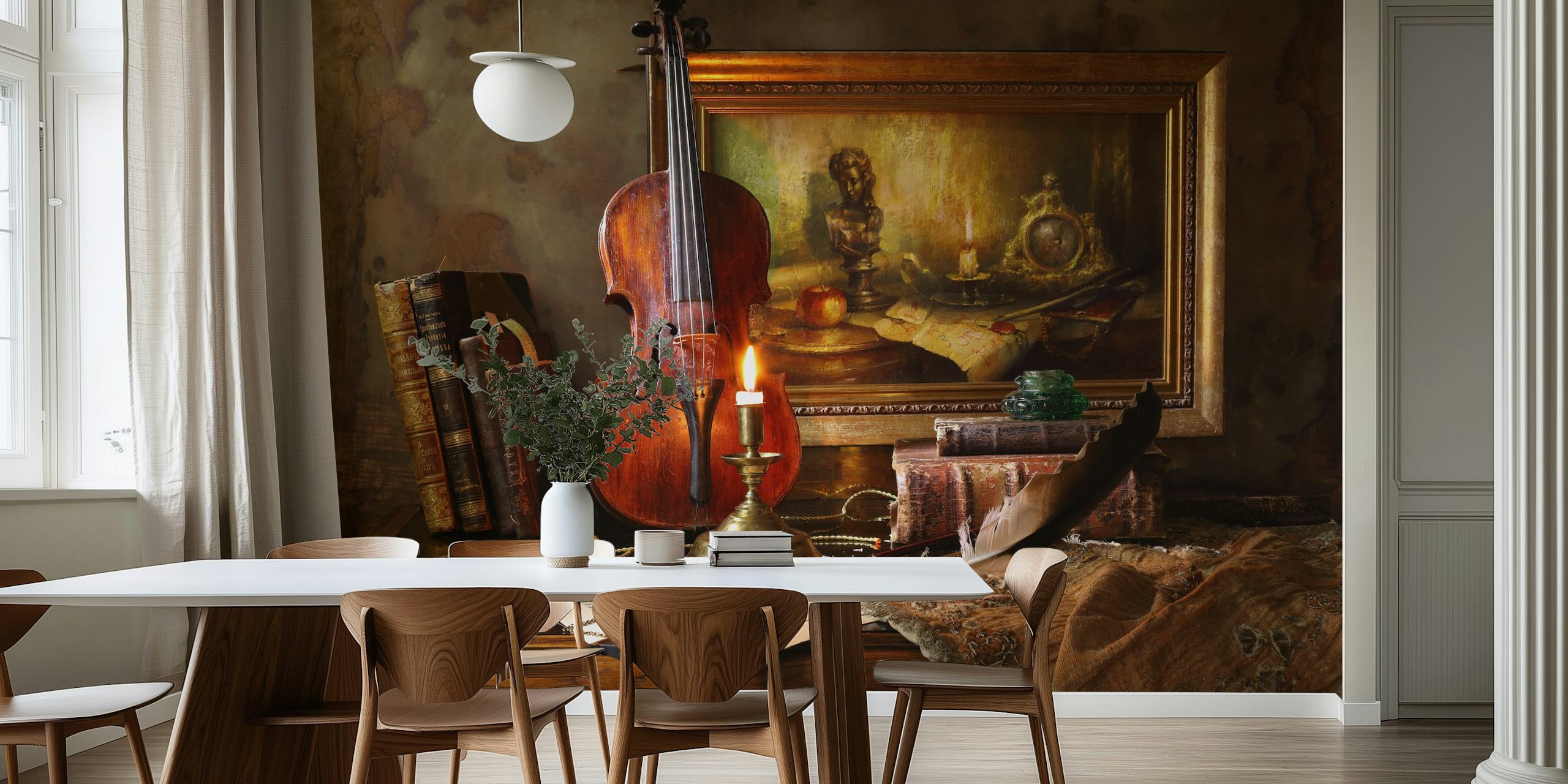 Violin, stack of books, candle and painting still life wallpaper