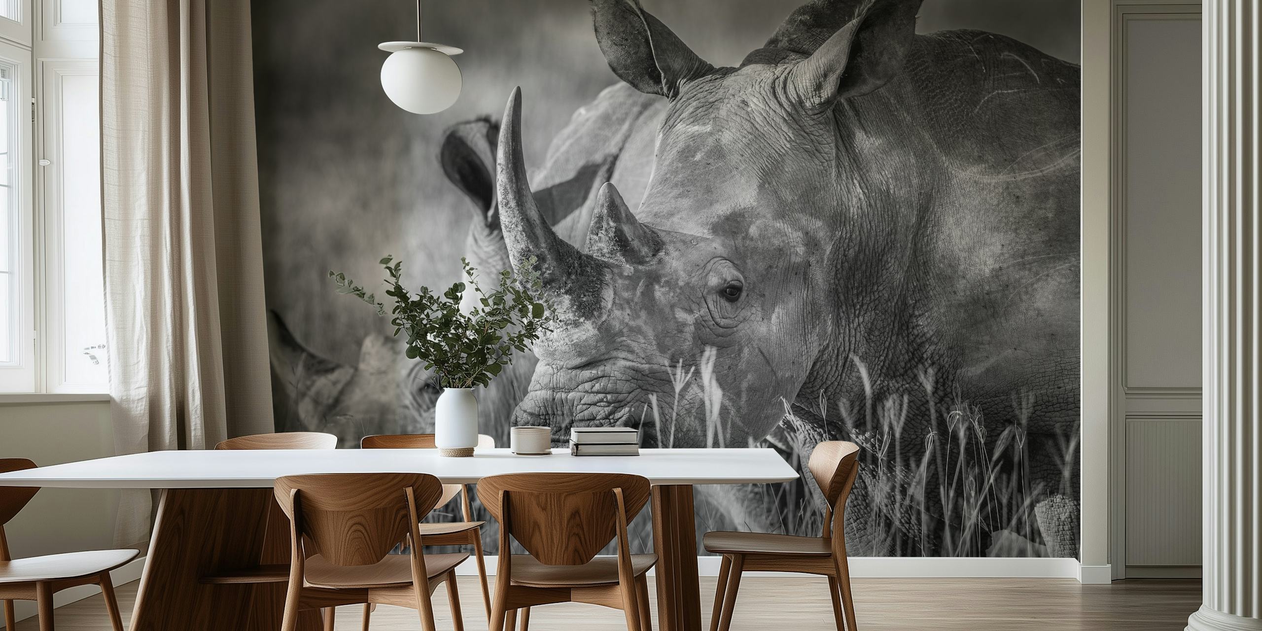 Wandbild mit schwarz-weißem Nashorn in natürlicher Umgebung