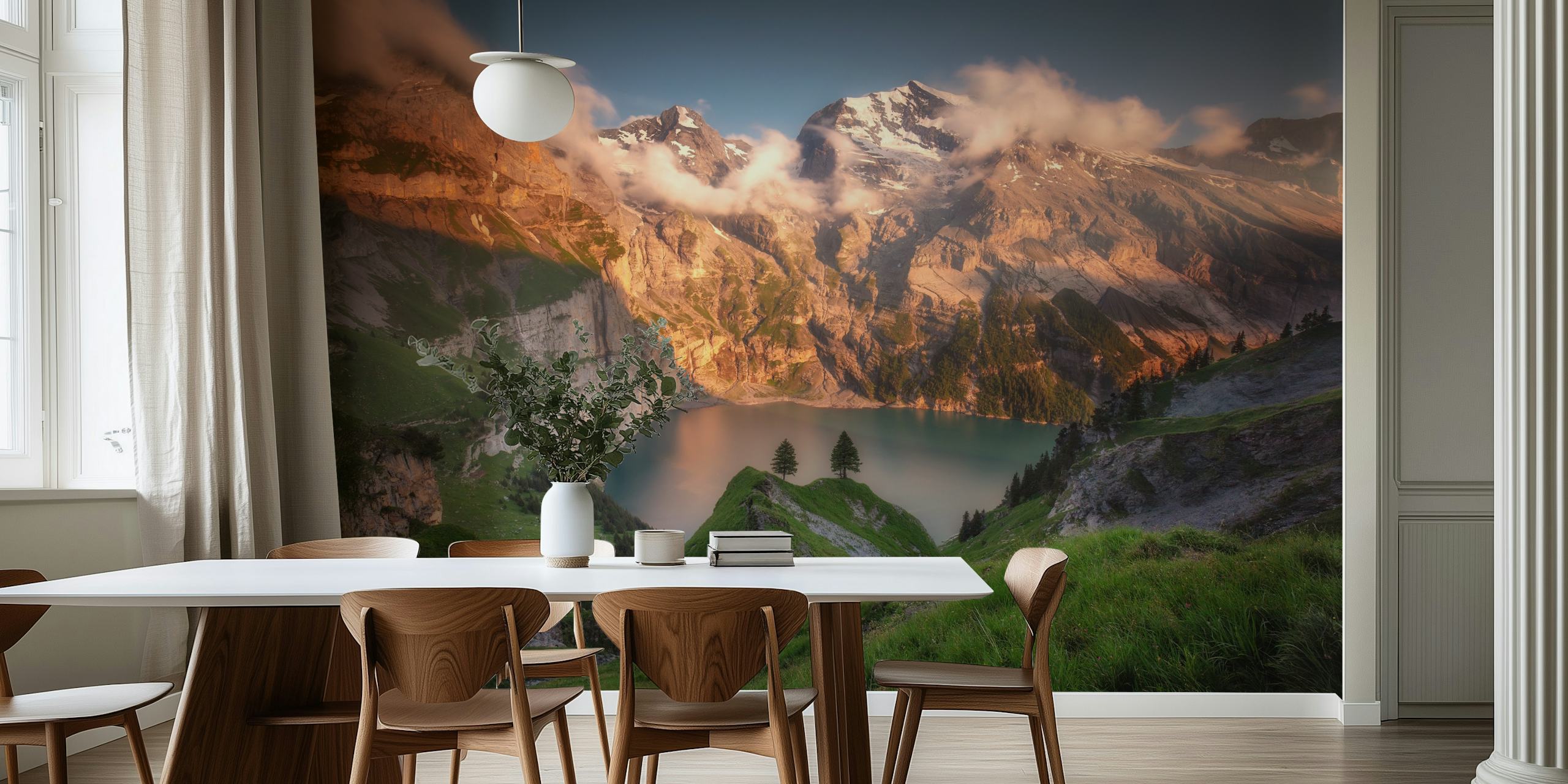 Fototapeta jezioro Oeschinensee z alpejskimi górami i zachodem słońca