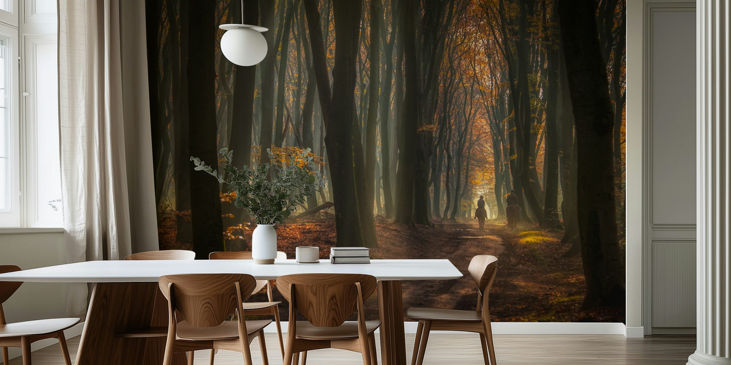 Forest pathway with autumn foliage and distant figures wallpaper