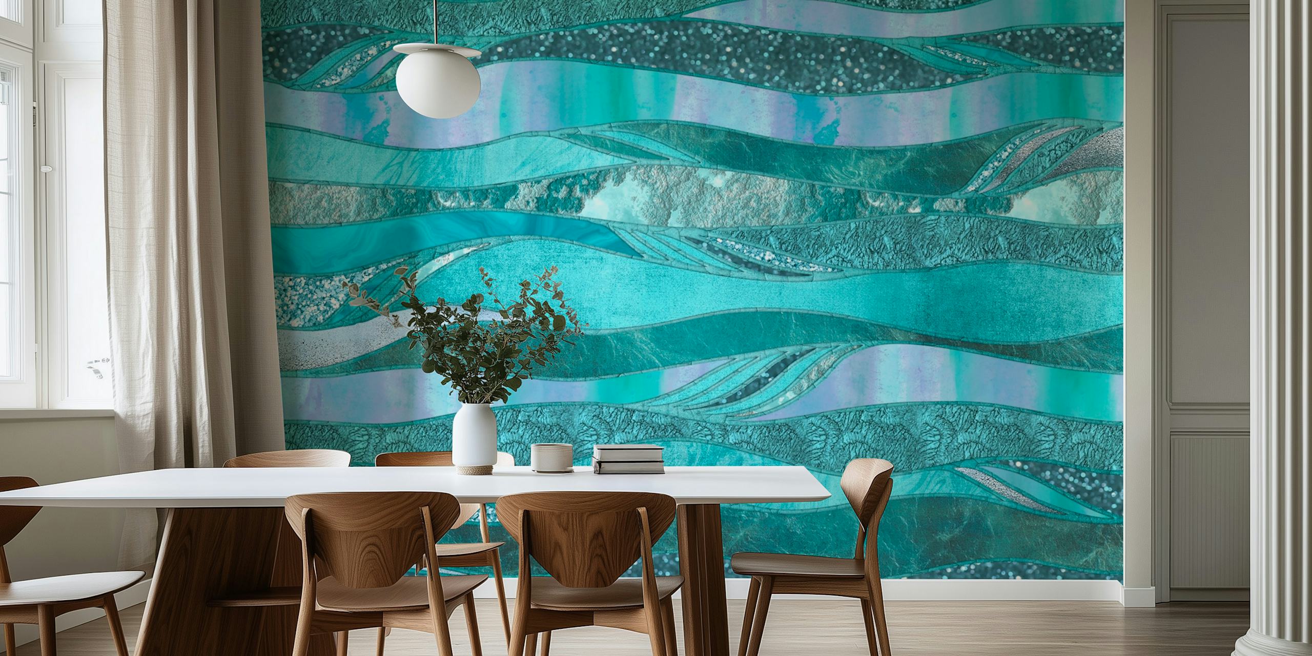 Elegant aqua- och krickafärgad tapet med en skimrande glamorös design