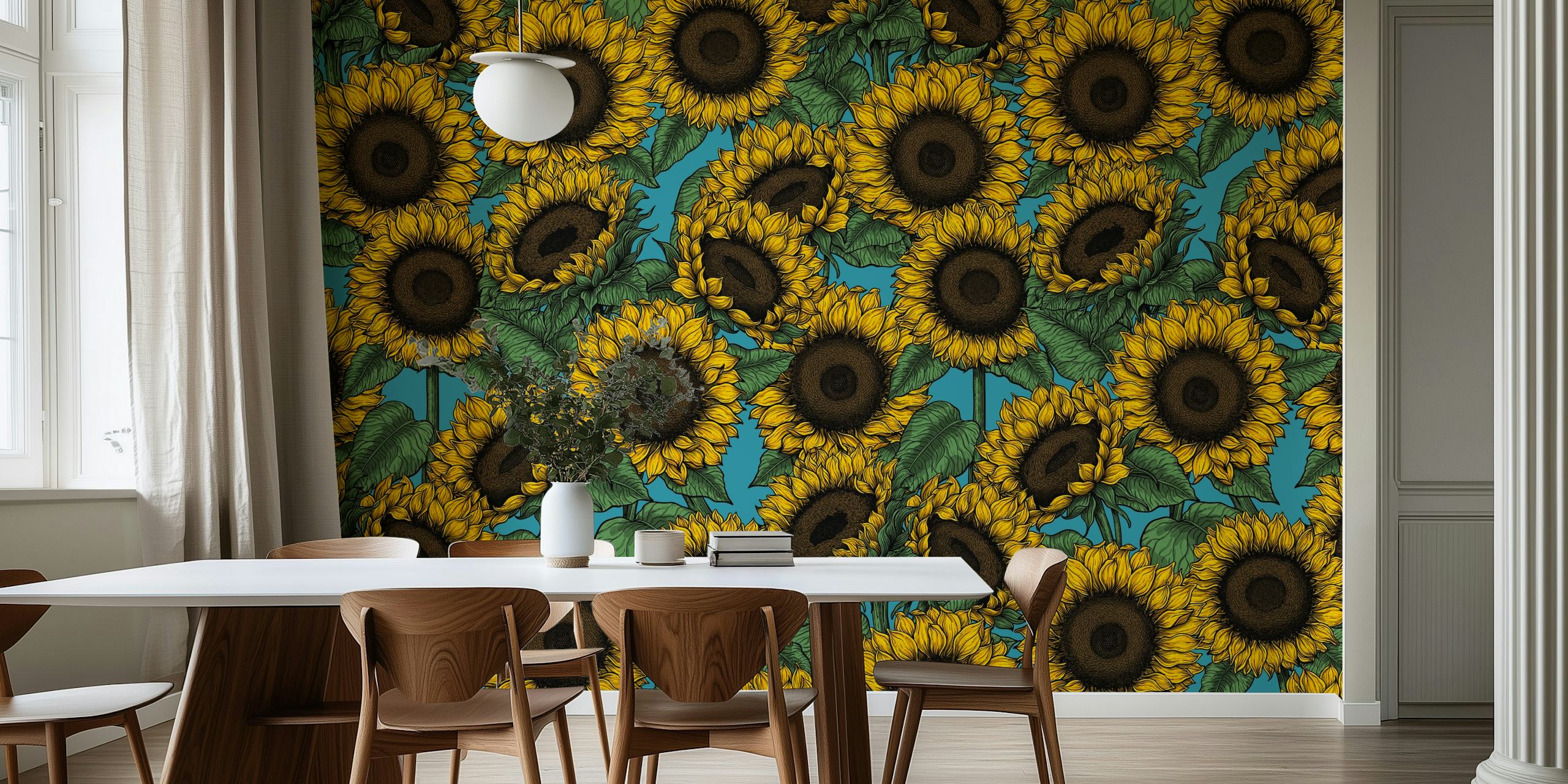 Vibrante carta da parati con girasole con uno sfondo ricco e contrastante, perfetto per aggiungere un tocco floreale a qualsiasi stanza.