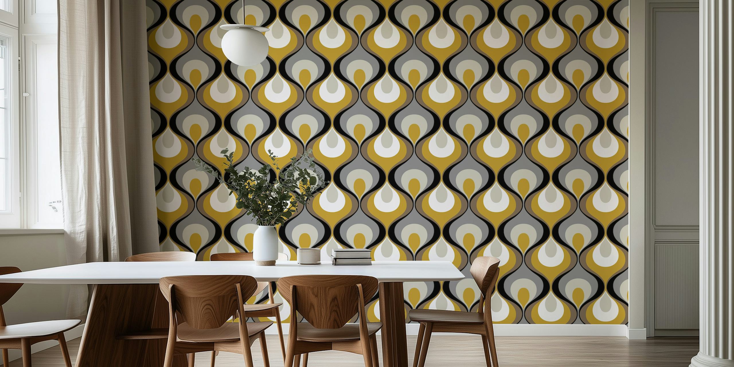 Retro teardrop pattern in gold, grey, and white wallpaper