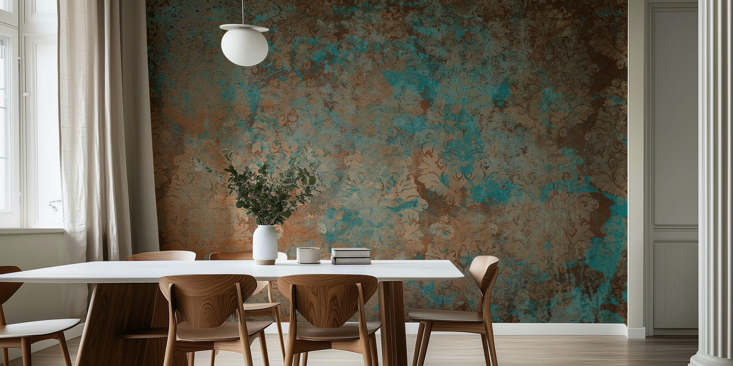Antique damask pattern in teal, brown, and rust wallpaper