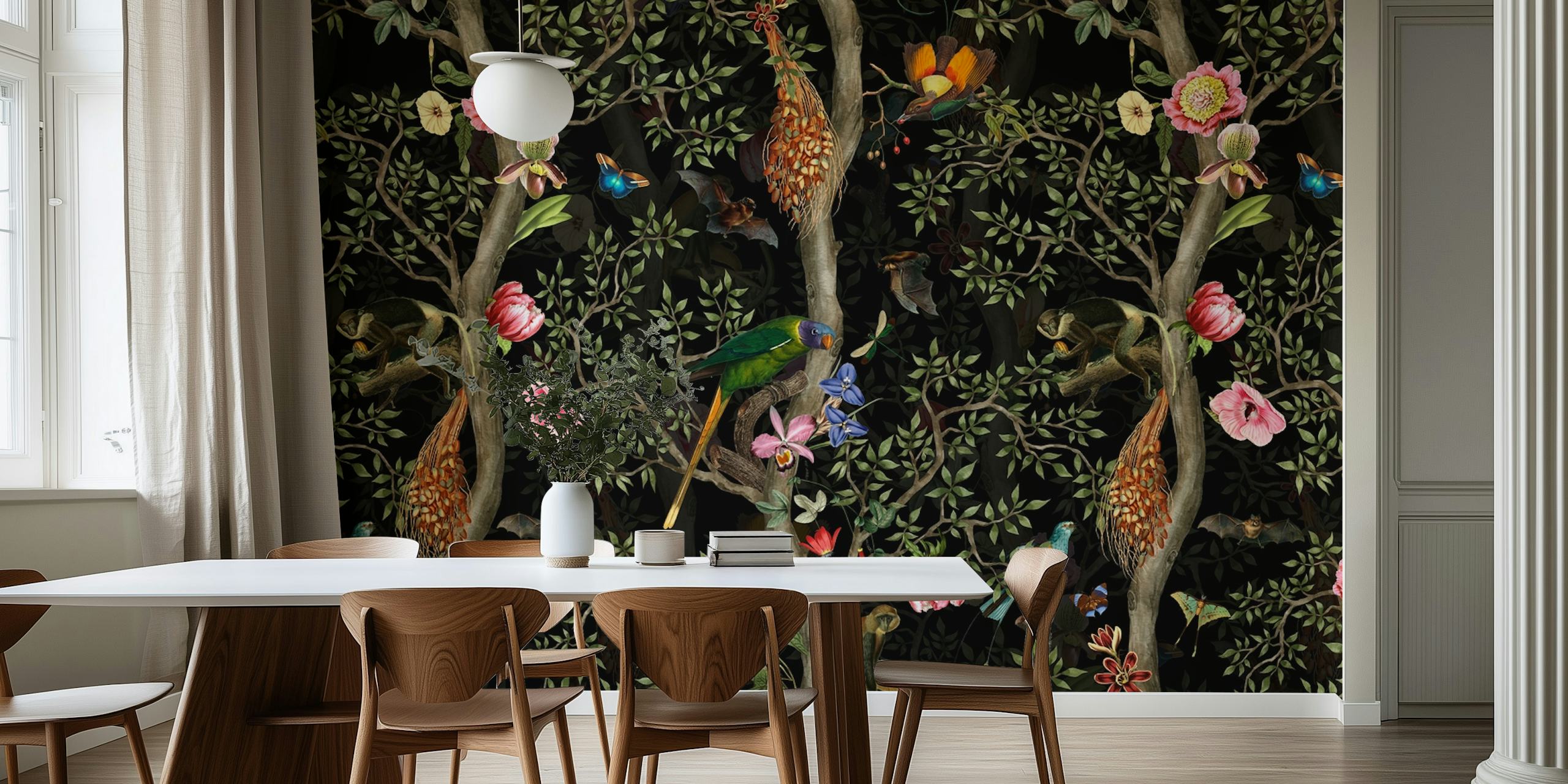 Chinoiserie fotobehang met tropische vogels en bloemmotieven op een donkere achtergrond