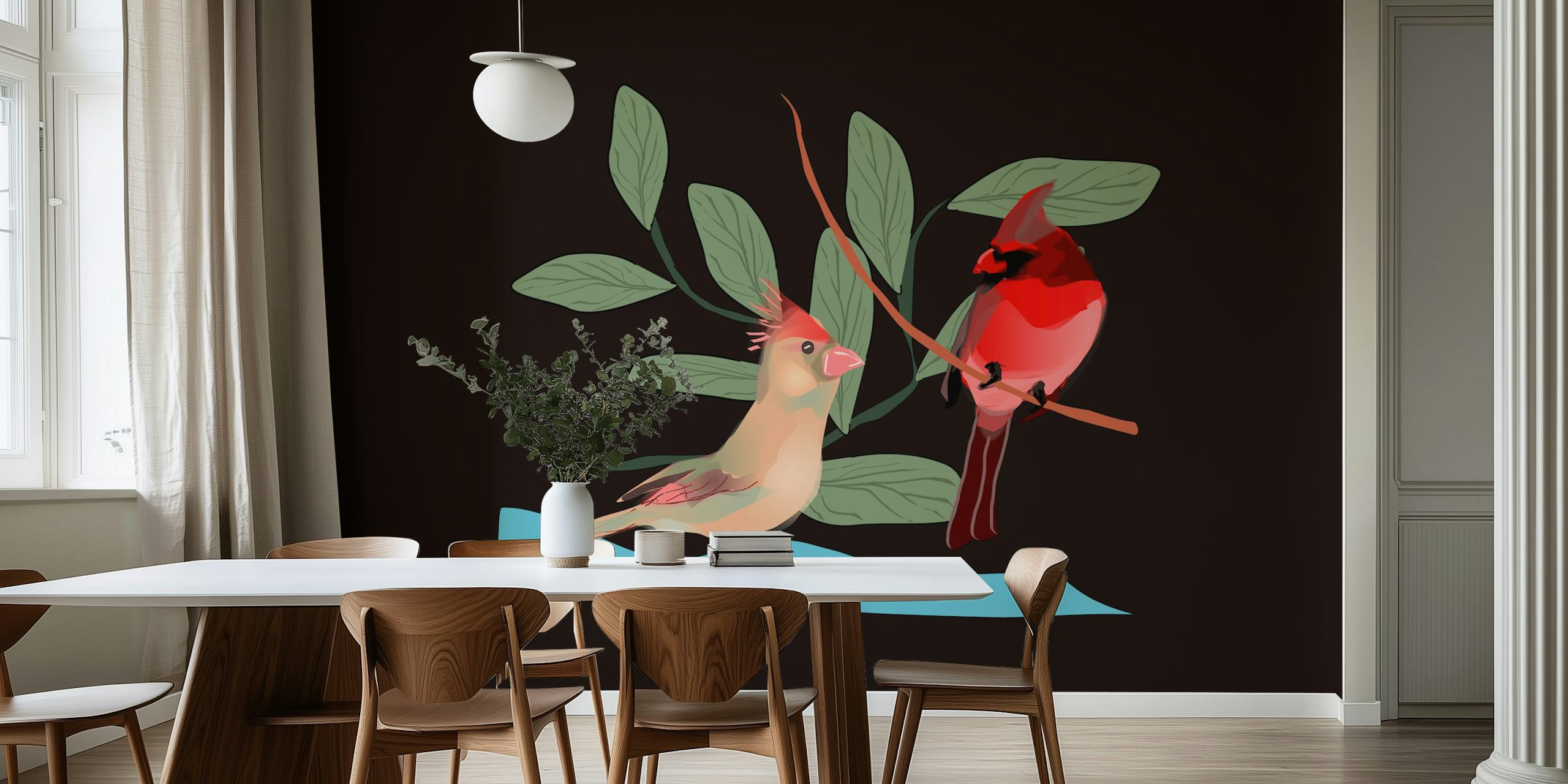Two tropical birds on branches with green leaves against a black background wallpaper