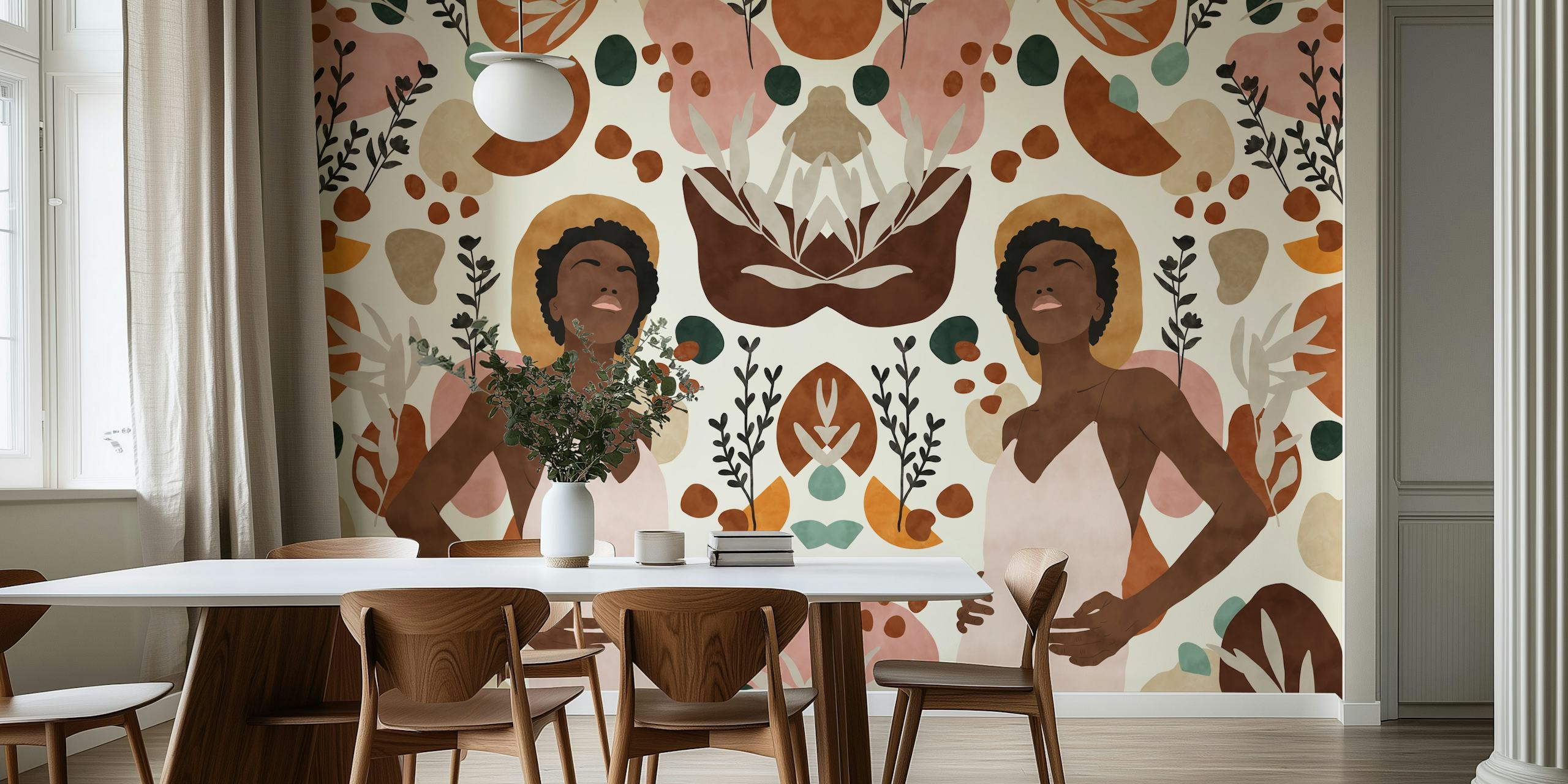 Floral and abstract design wallpaper in warm earthy tones with figures