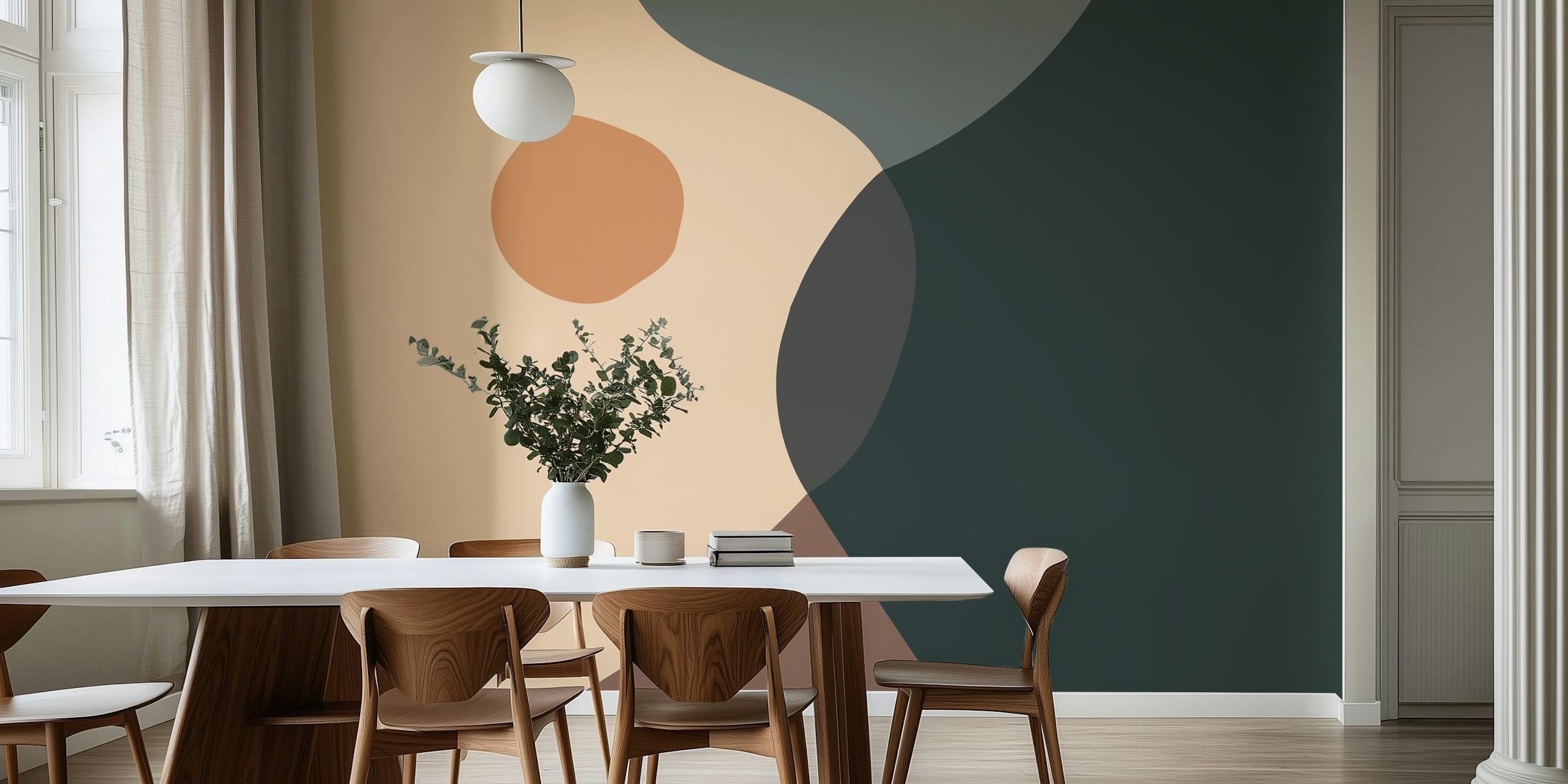 Abstract wallpaper featuring earthy shapes in beige, brown, and dark green hues