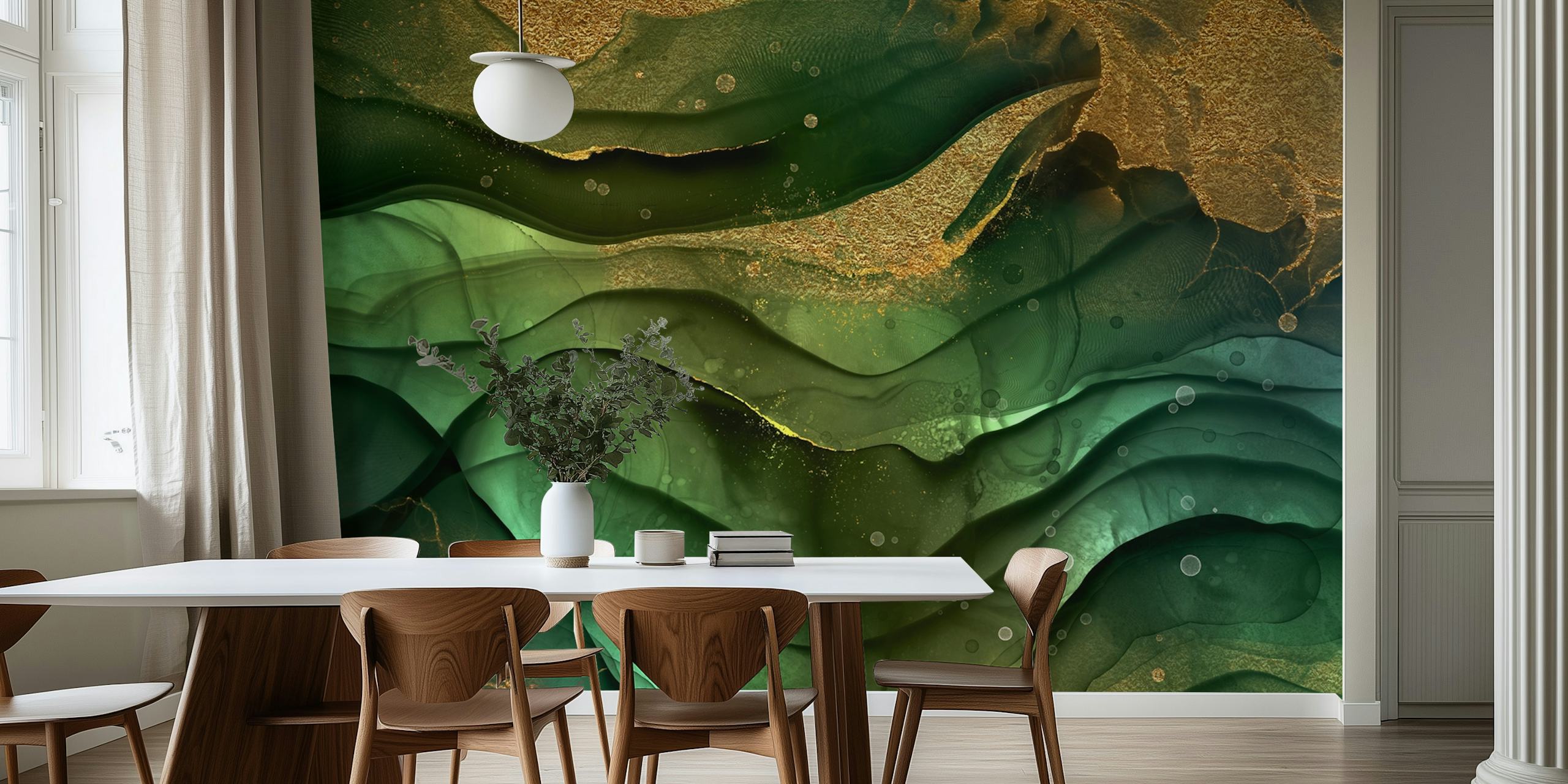 Abstract deep green waves with gold accents wallpaper