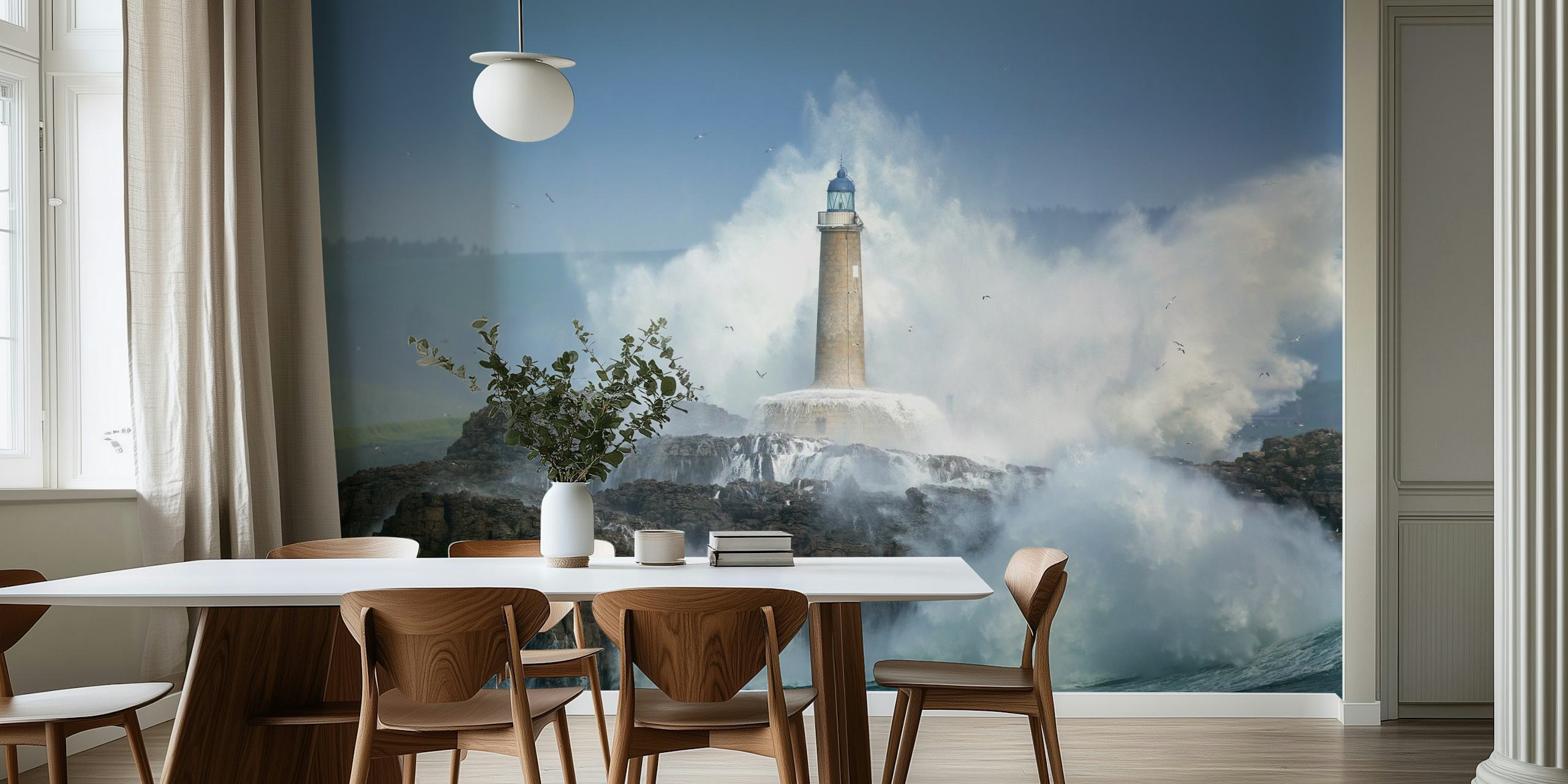 Vuurtoren in stormachtige zee muurschildering