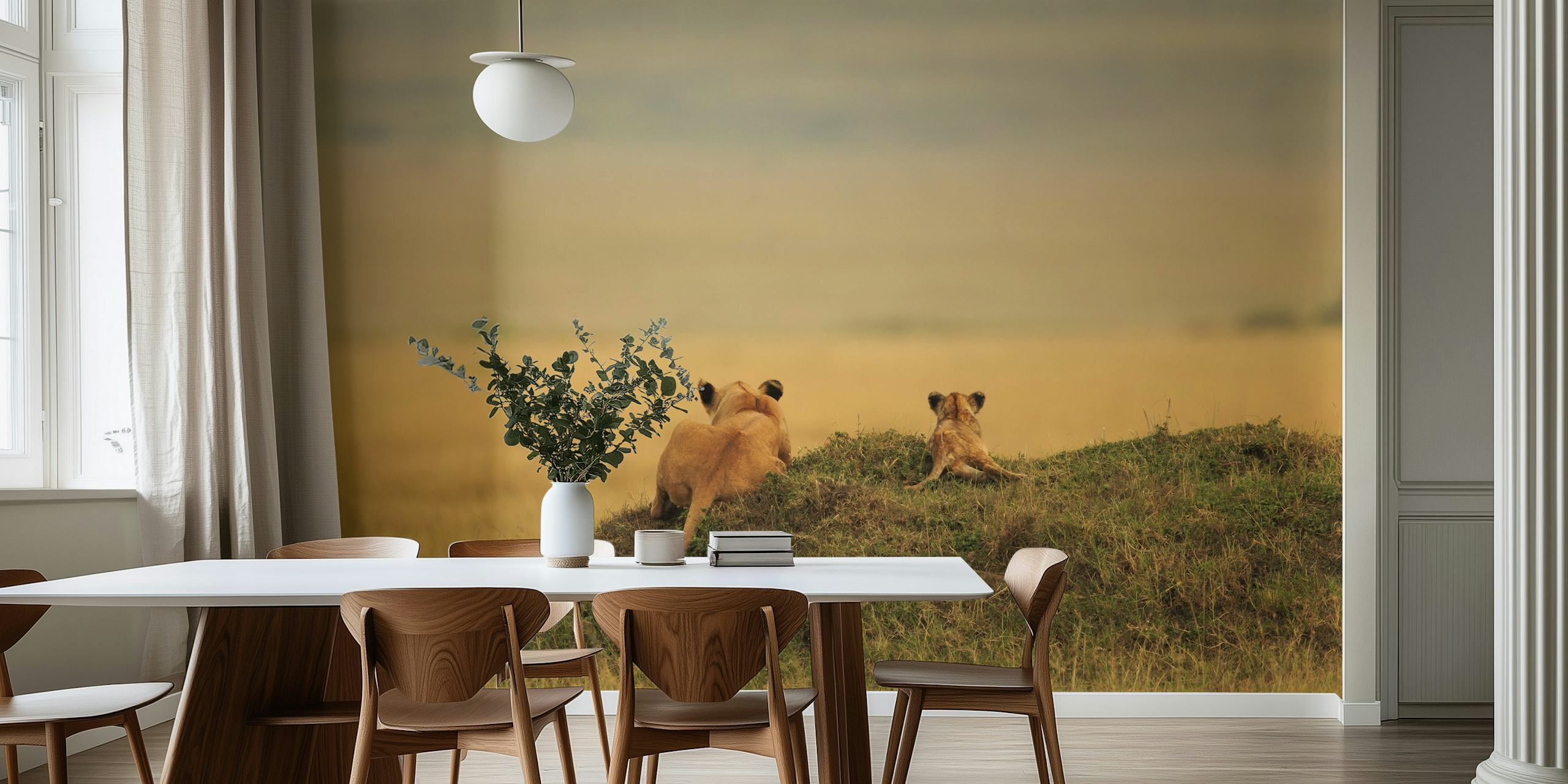 Lion mother and cub overlooking a savanna landscape wallpaper