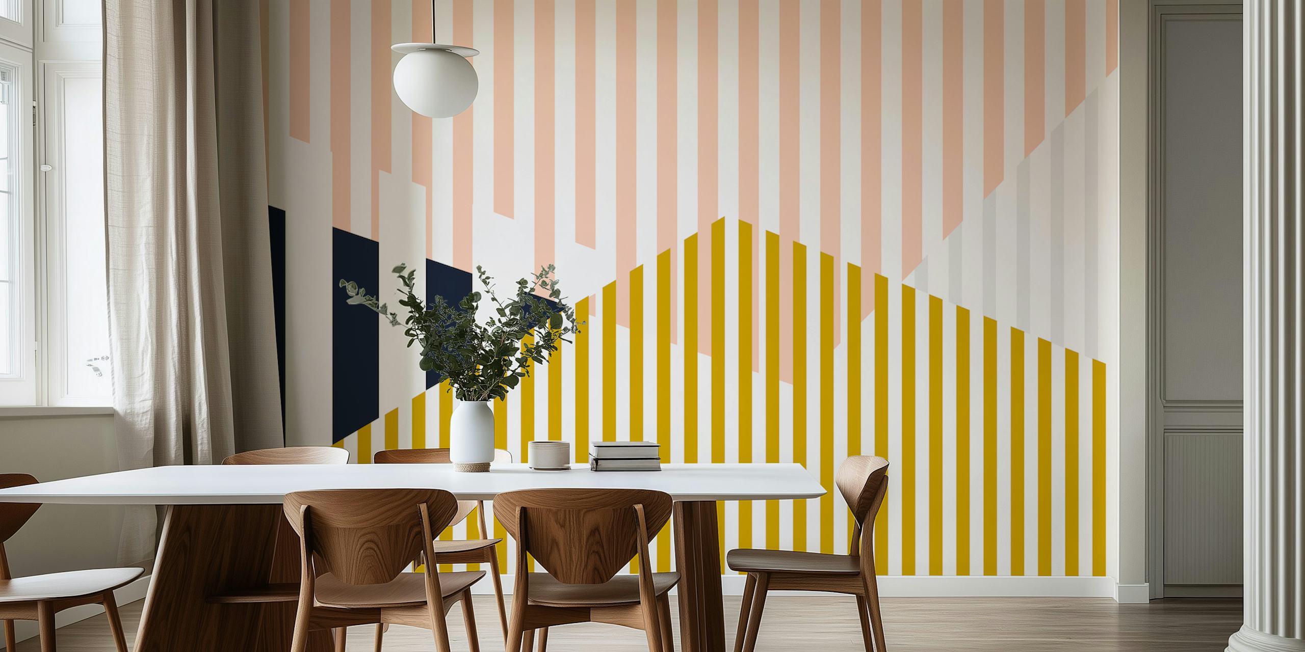 Geometric striped wallpaper in mustard, black, white, and pink.