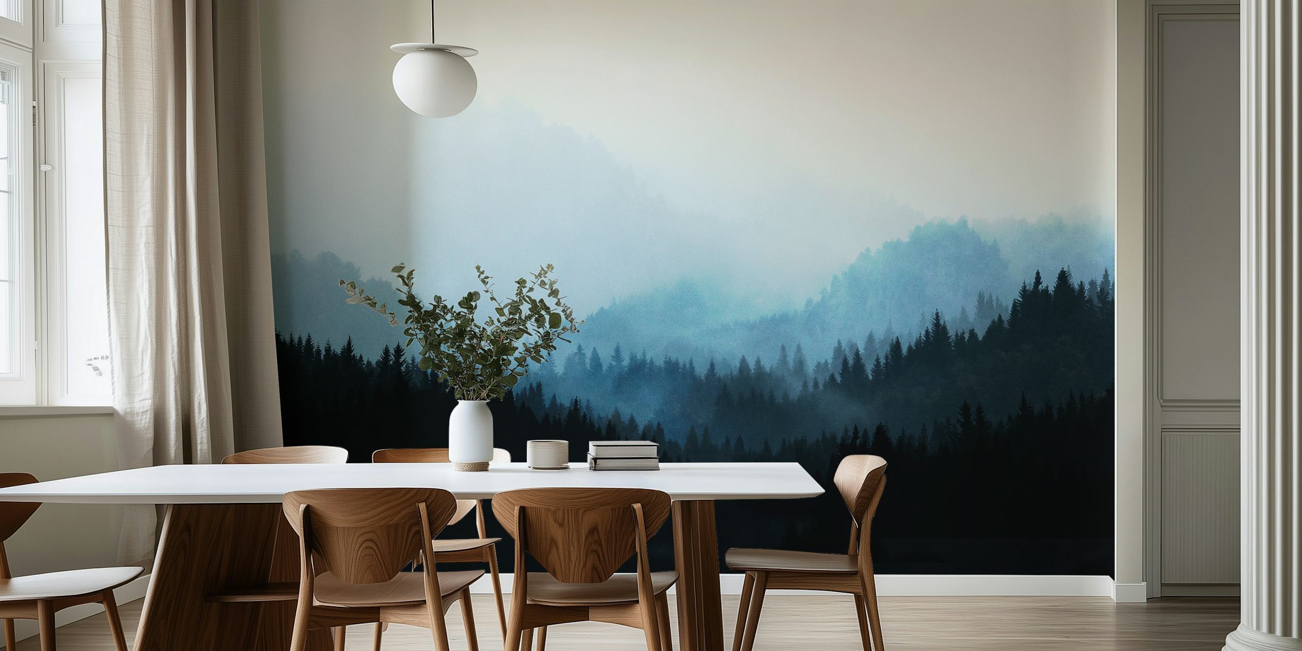 Dark forest landscape with fog and mountain silhouettes wallpaper