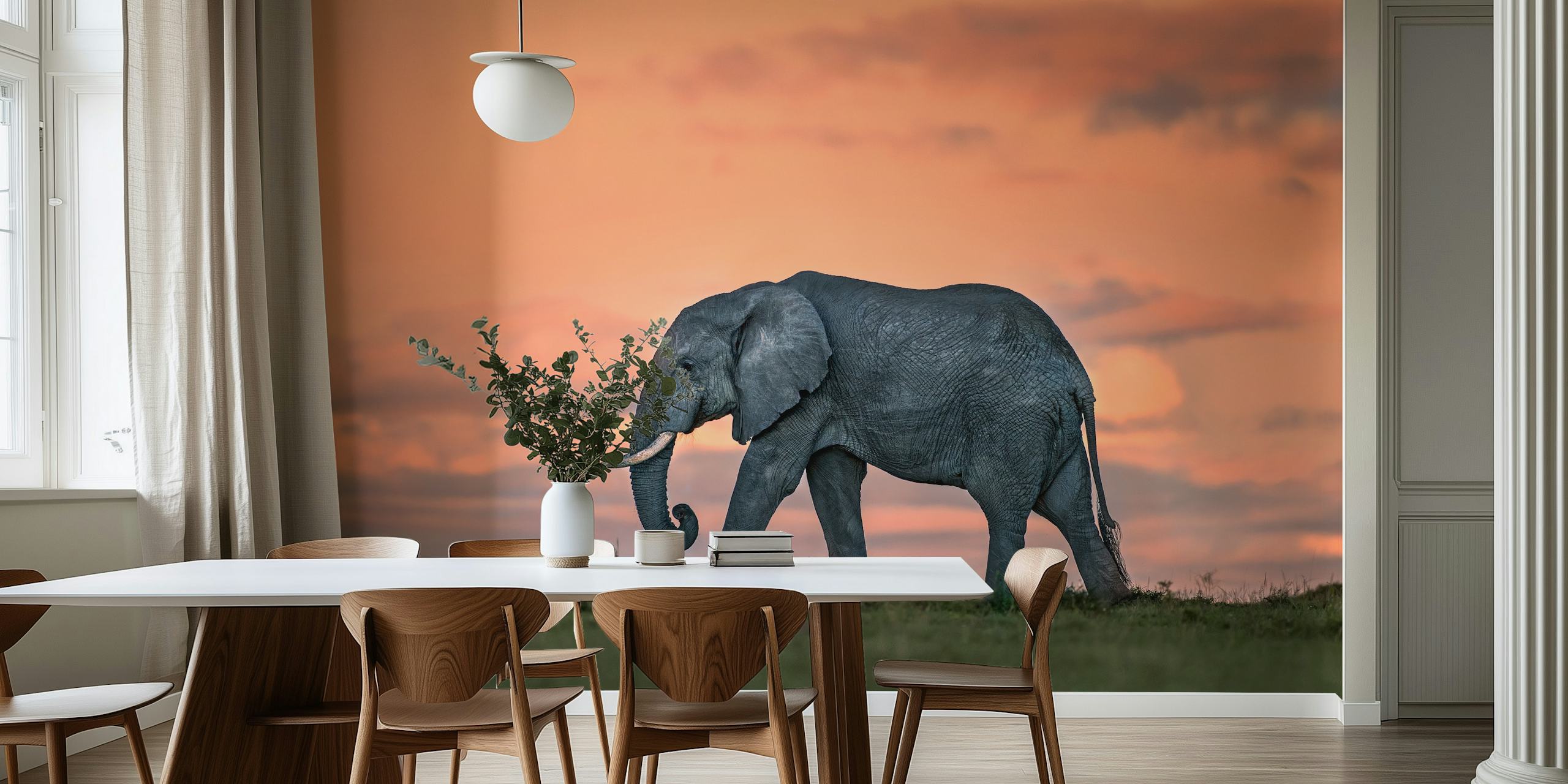 Elephant silhouette against a dusk sky with soft pink hues wallpaper