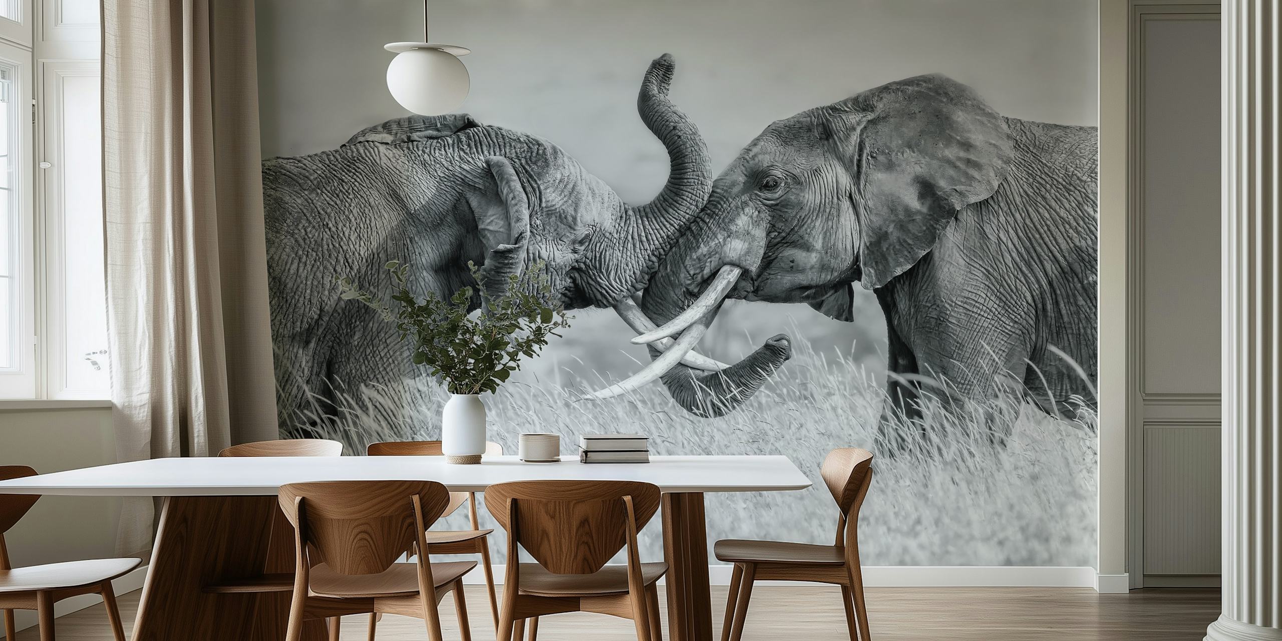 Two elephants in black and white wallpaper design