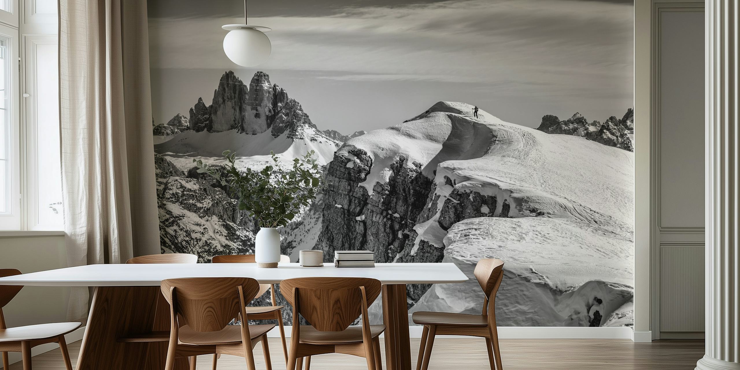 Schwarz-Weiß Berglandschaft mit schneebedeckten Gipfeln und einem Wanderer im Vordergrund wallpaper
