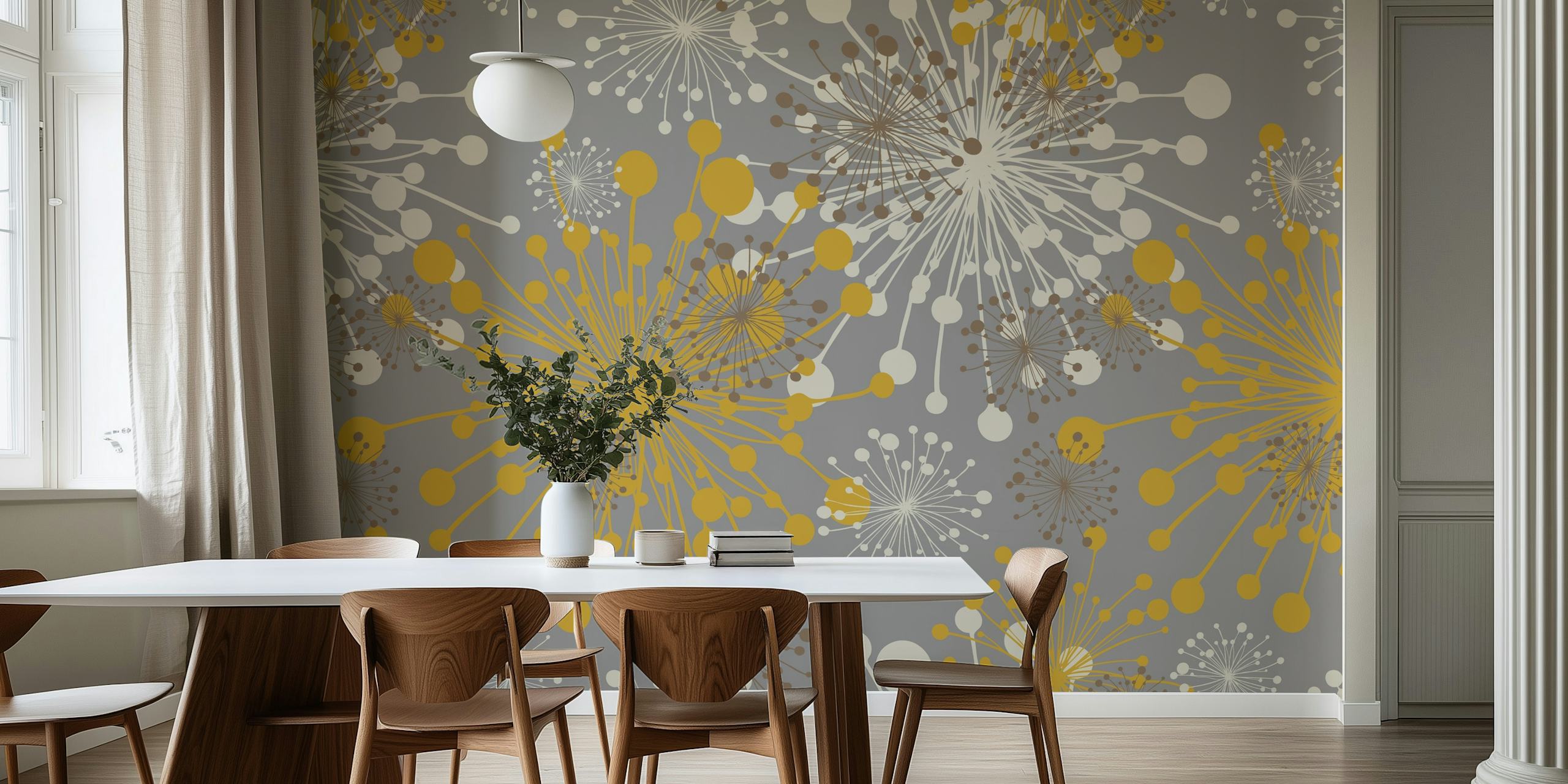 Floral pattern featuring yellow and white dandelions on grey background wallpaper