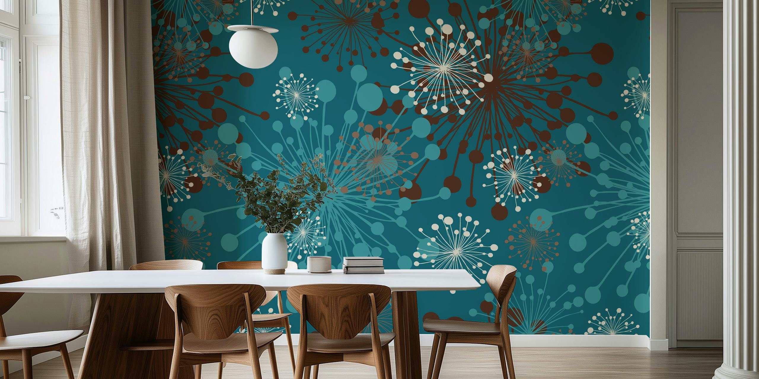 Mlecze Teal Blue Brązowa fototapeta z kwiatowym wzorem na turkusowym tle