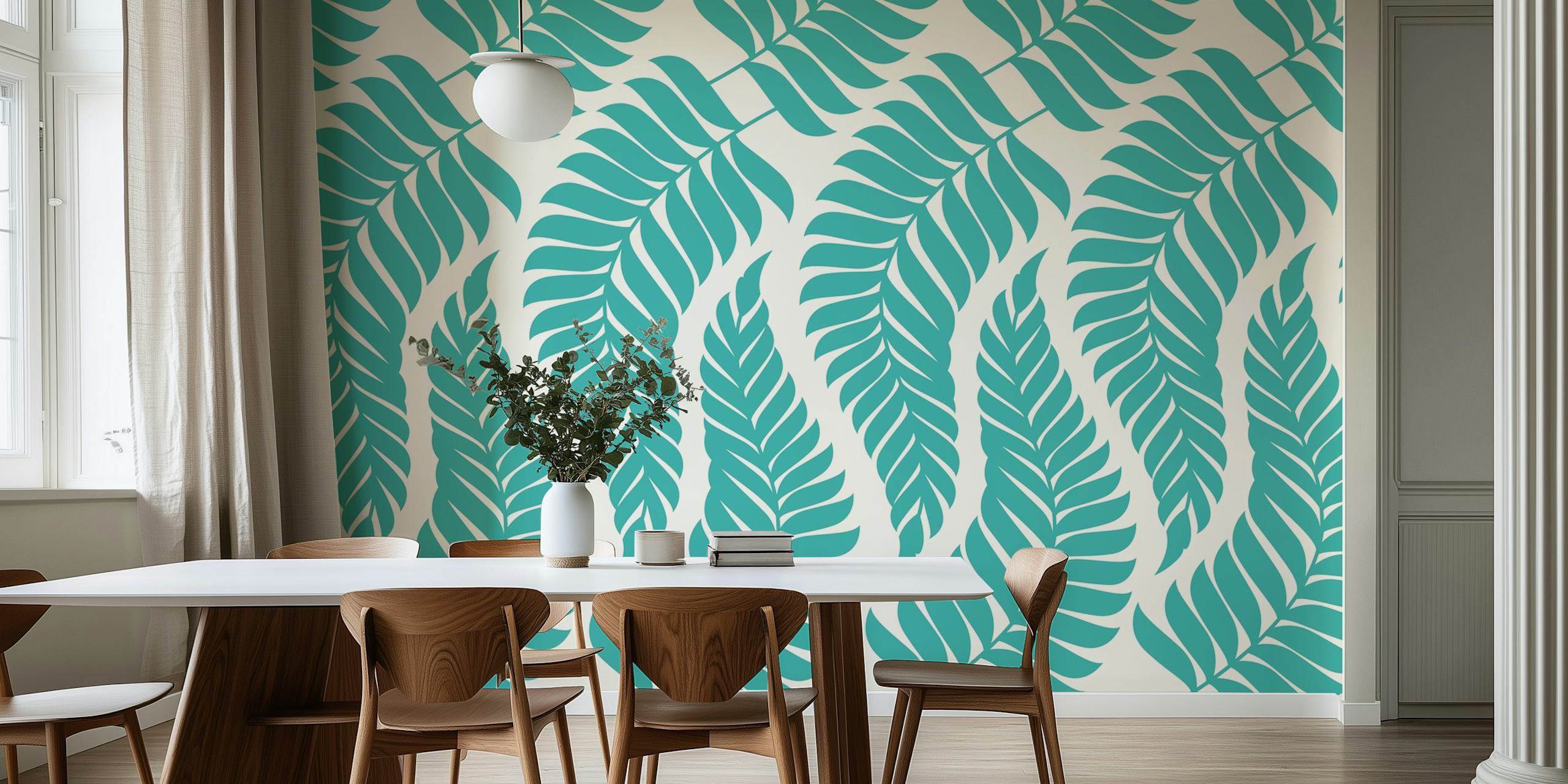 Botanical fern pattern with teal leaves on cream background wallpaper