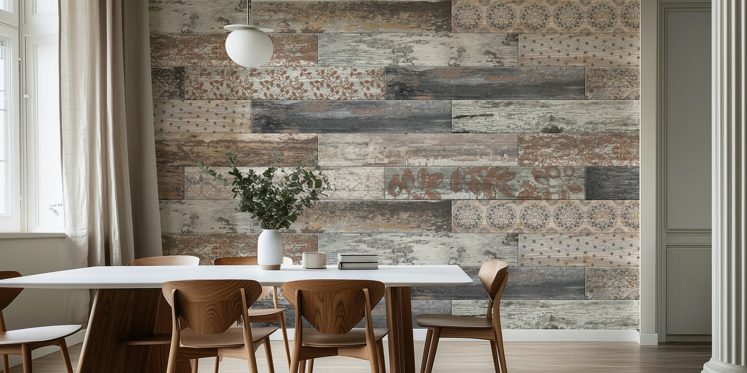 Vintage wood tiles wallpaper in brown and grey colors with unique patterns.