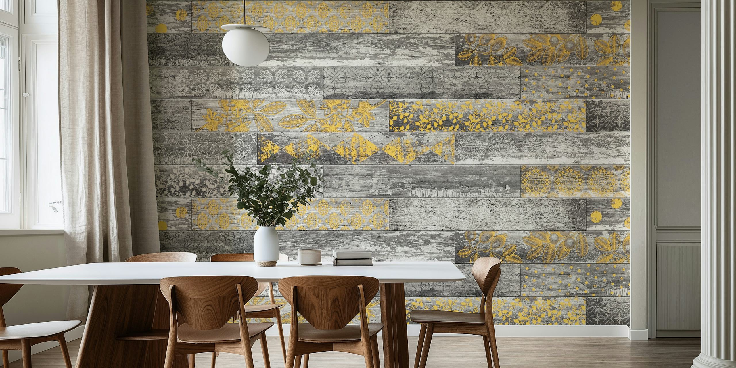 Vintage Wood Tiles Grey Yellow wallpaper in a room