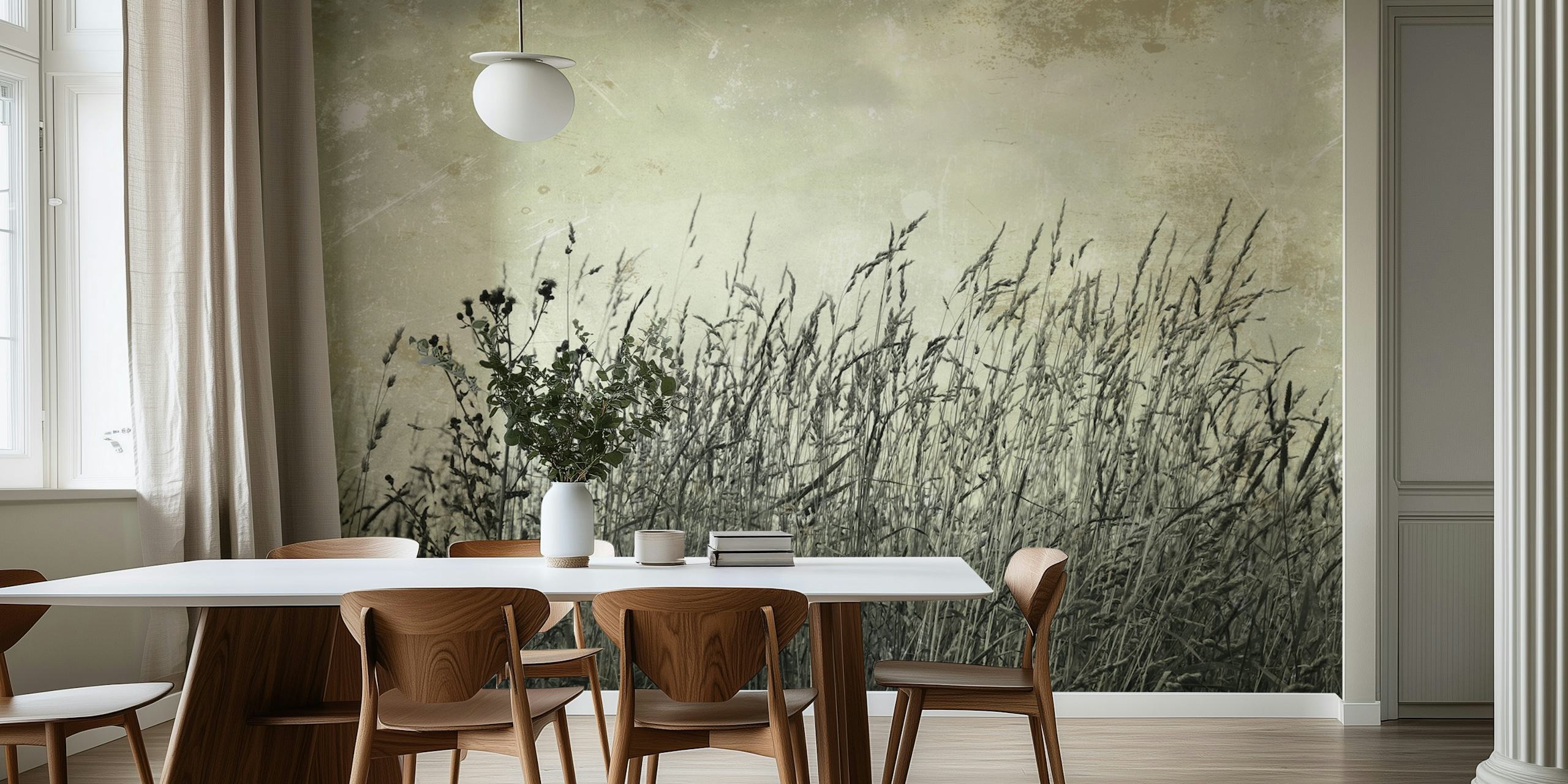Tall grasses and wildflowers in black and white wallpaper