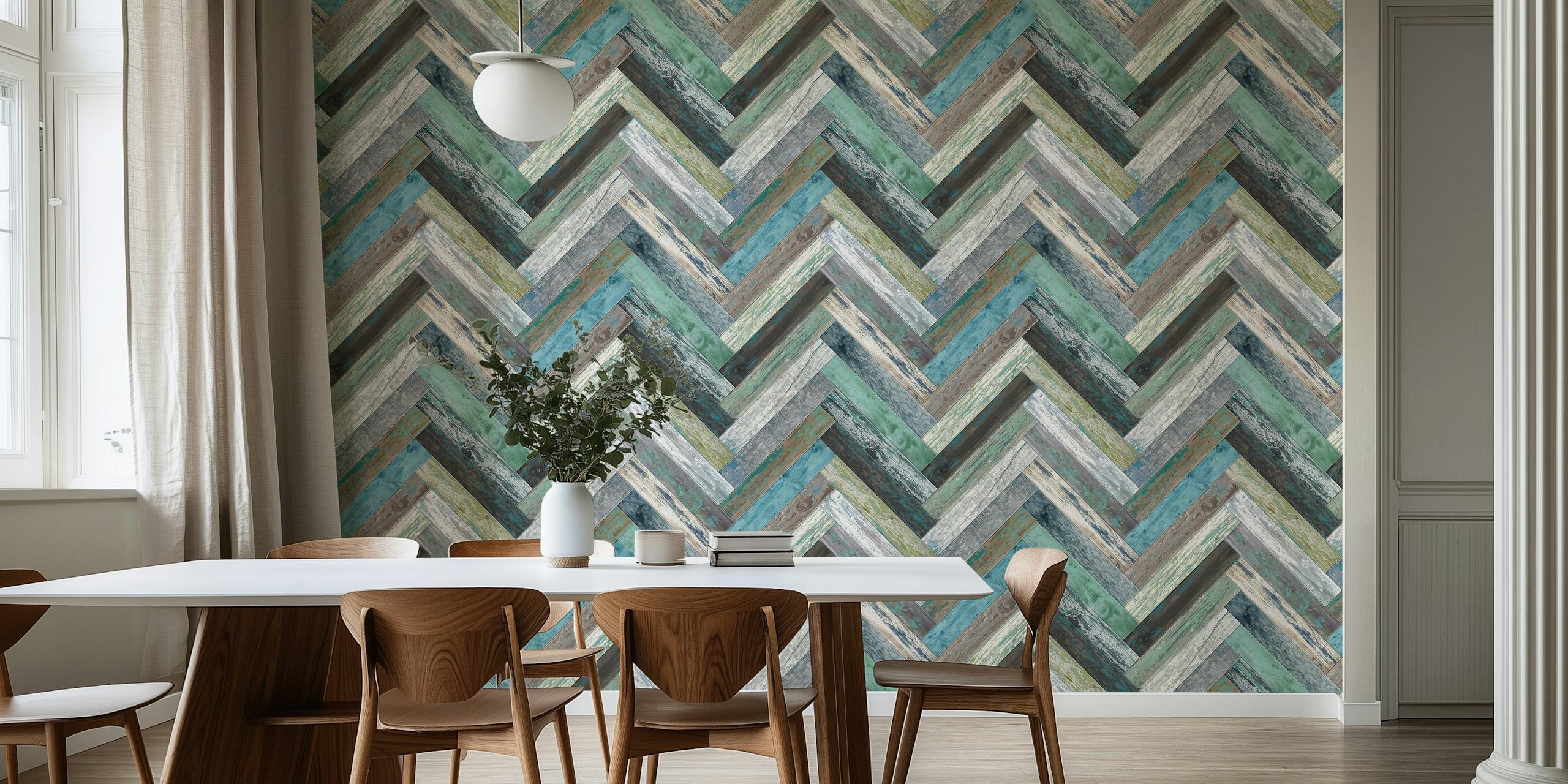 Wandbild „Chevron Wood Green Blue“ mit einem Chevron-Muster in Blau- und Grüntönen.