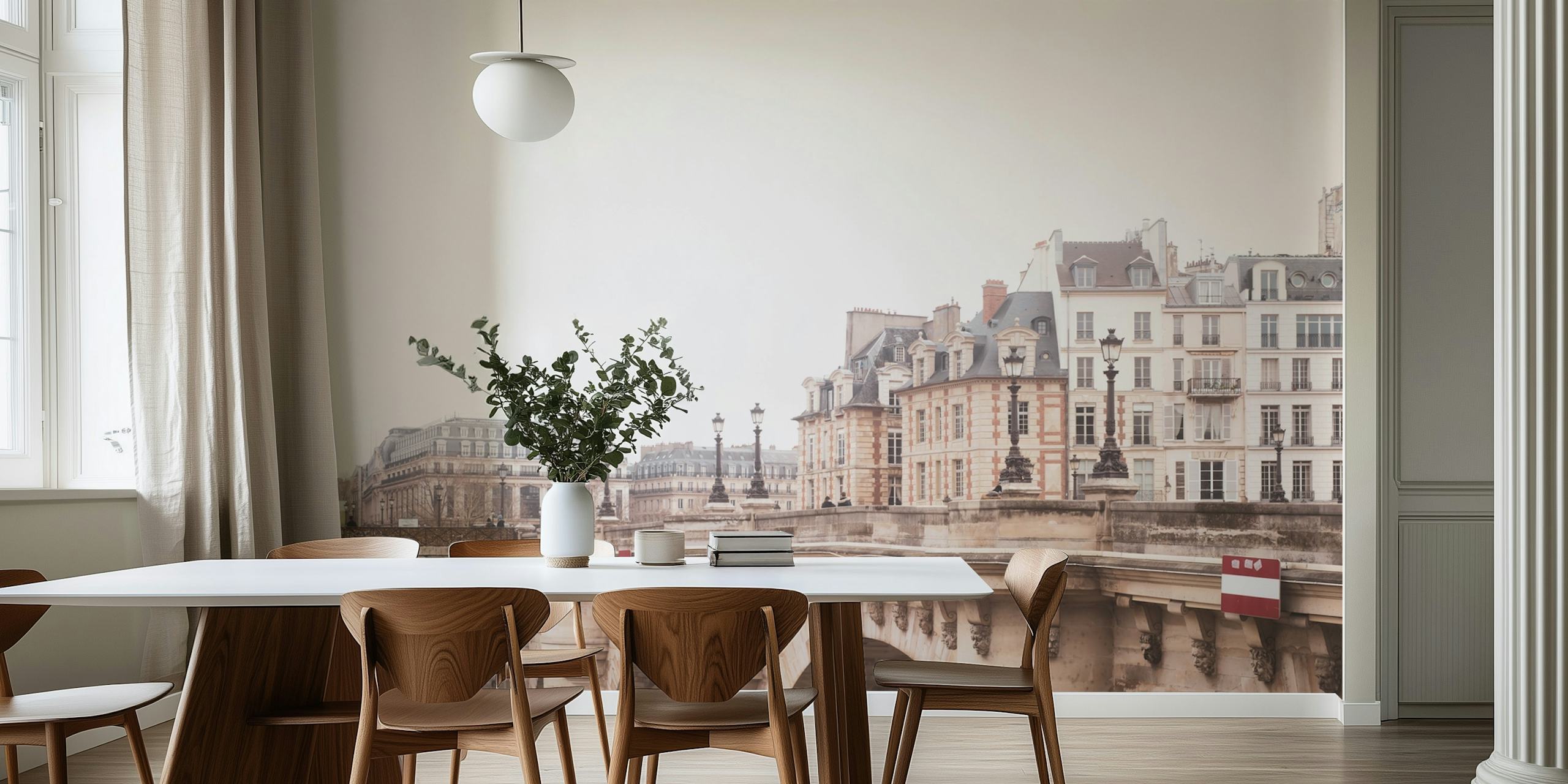 Paris city bridge with historical buildings, neutral colors wall mural