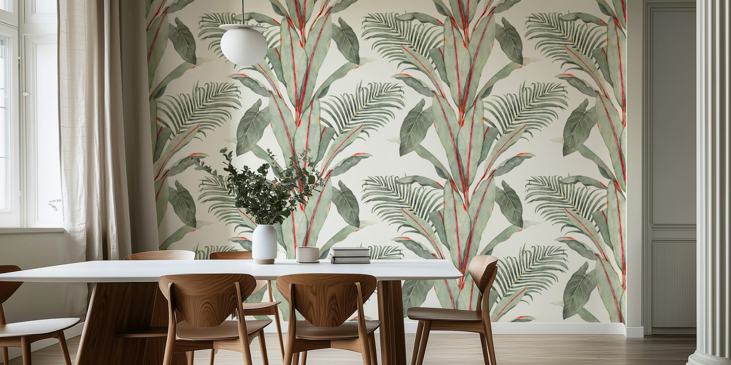 Tropical banana palm leaves in green and red tones wallpaper