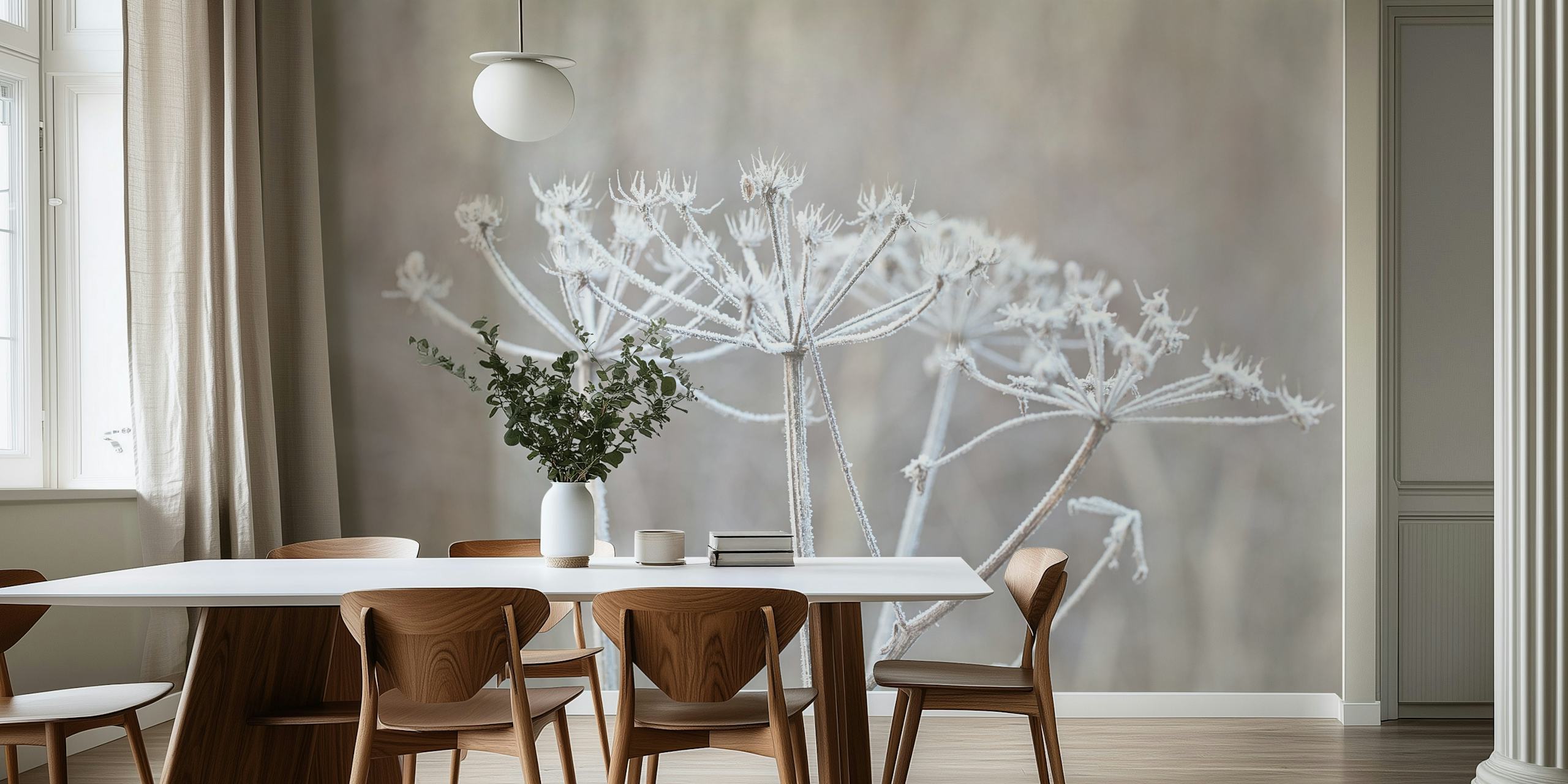 Delicate winter flower silhouette with frost on a muted background