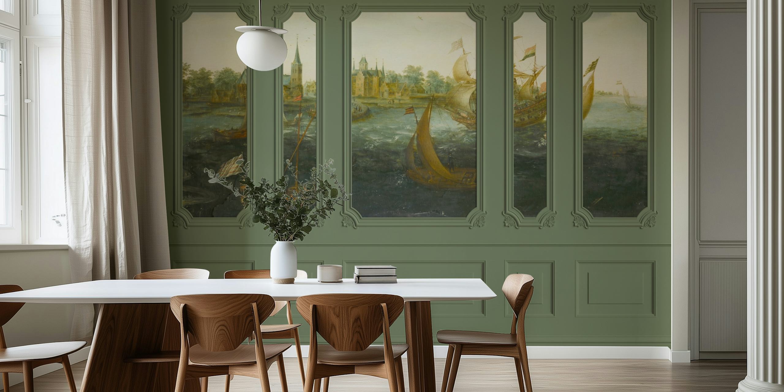 Sailing ships and coastal scenery in viridian green wallpaper
