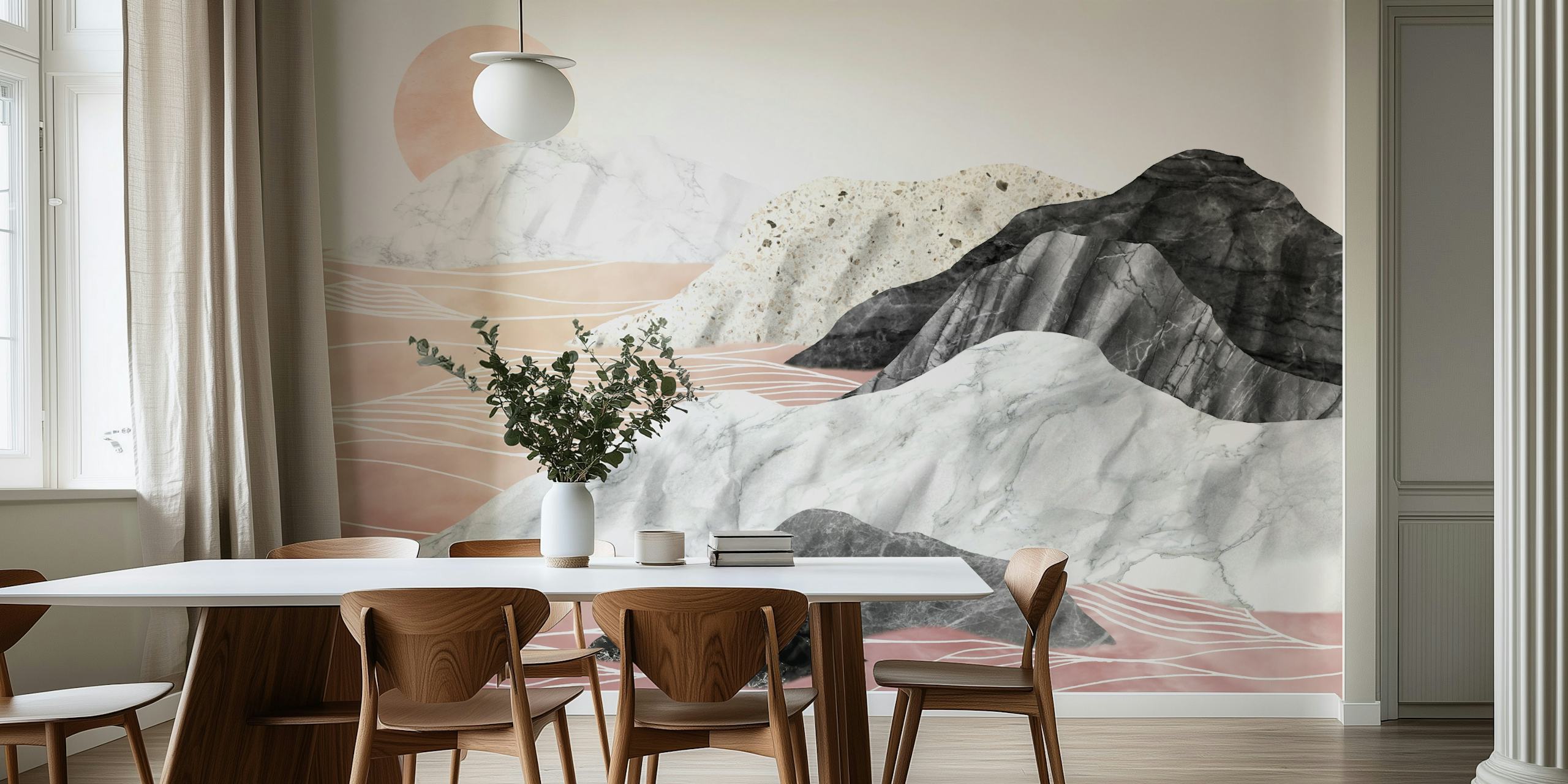 Marble landscape wallpaper with pink and gray mountains and a rising sun