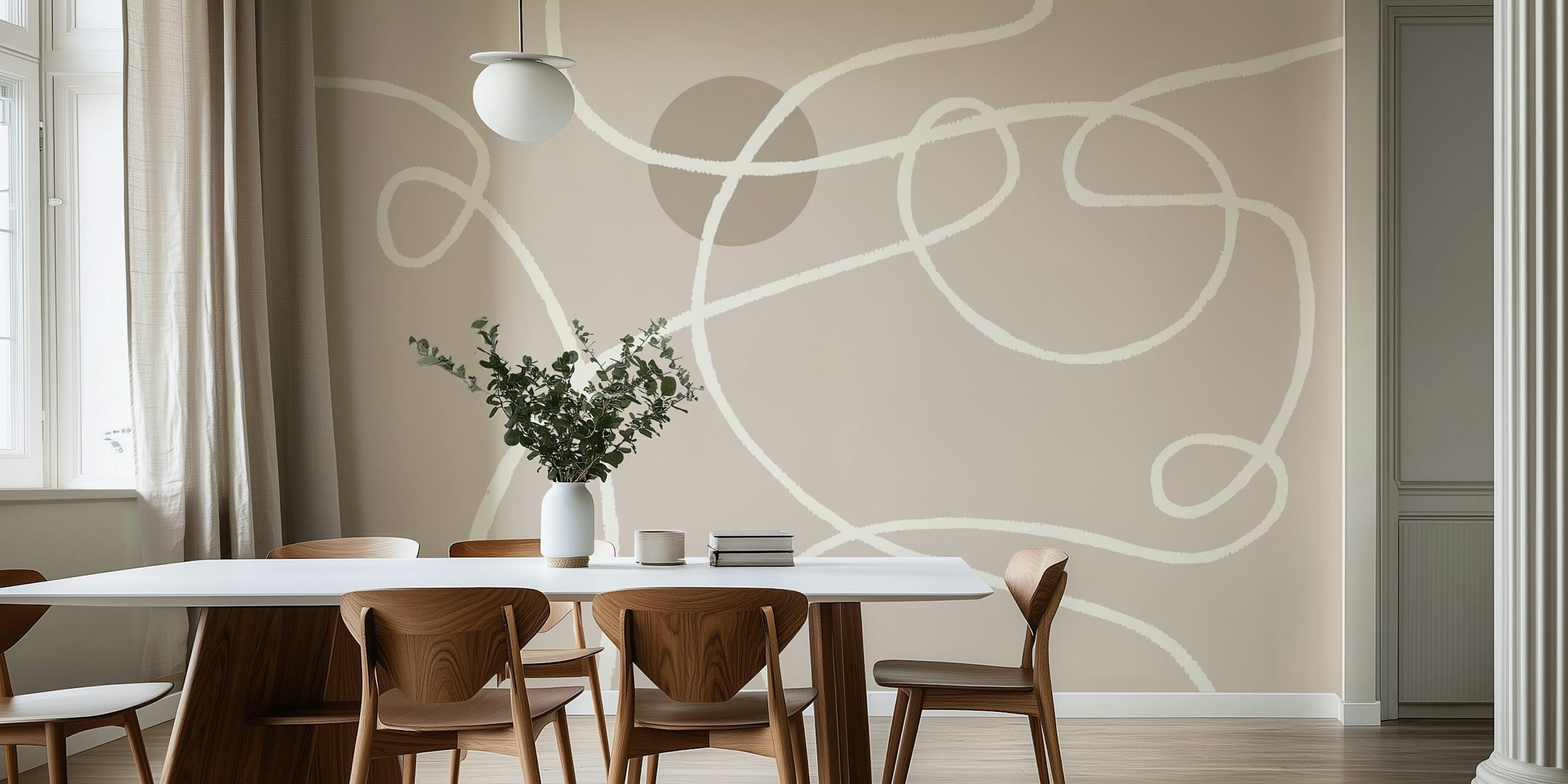 Curved lines in cream and taupe abstract pattern wallpaper