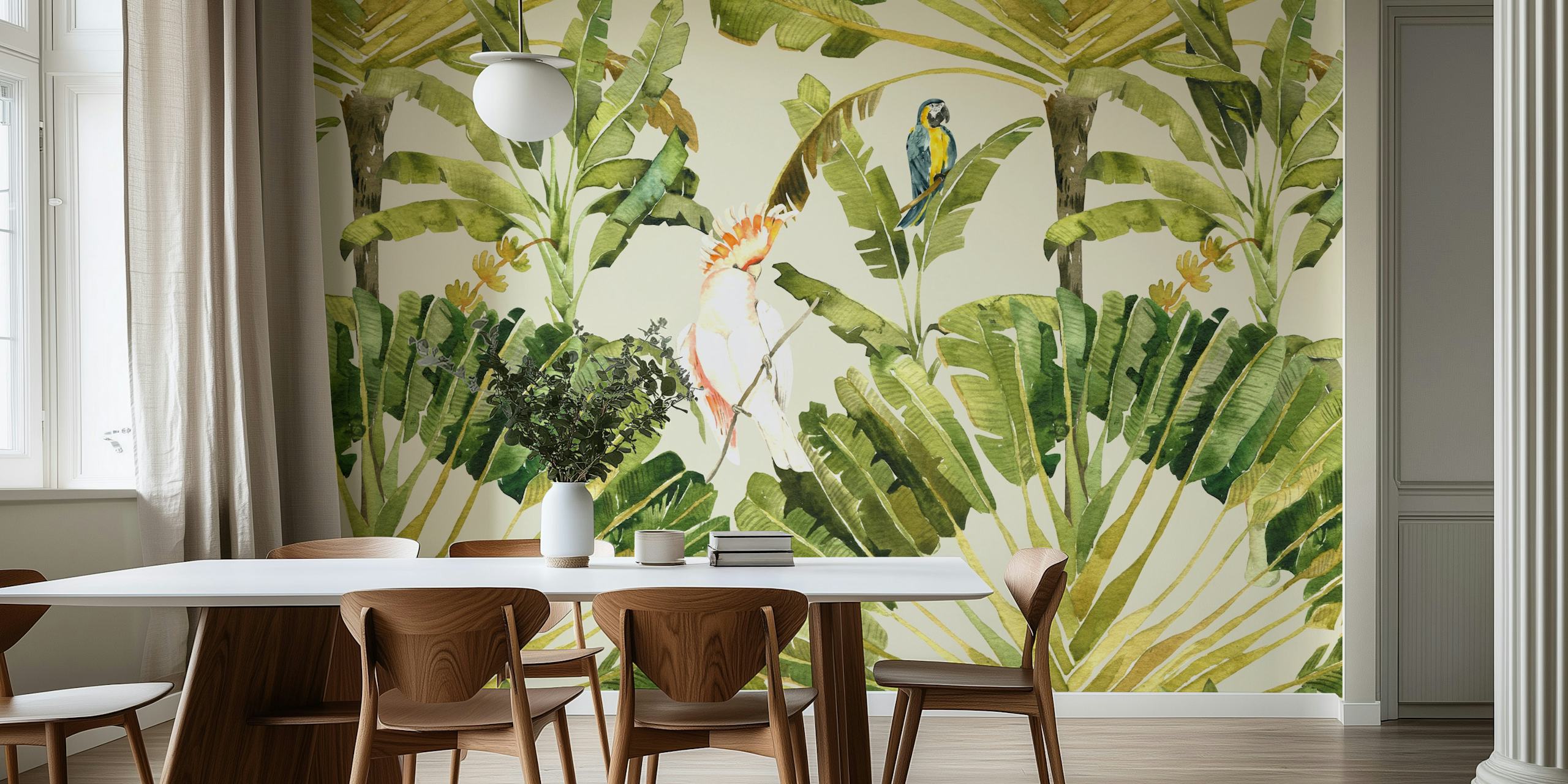 Tropical birds and green palm leaves on soft sage wallpaper