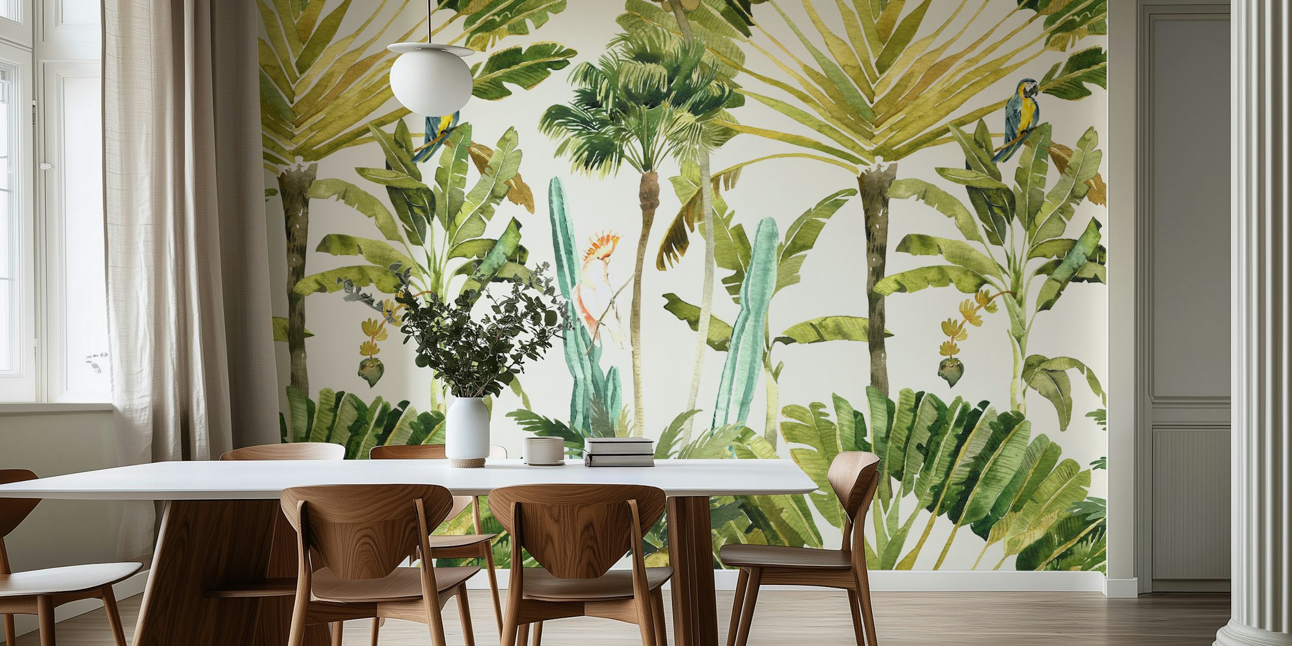 Tropical jungle leaves with colorful parrots green wallpaper