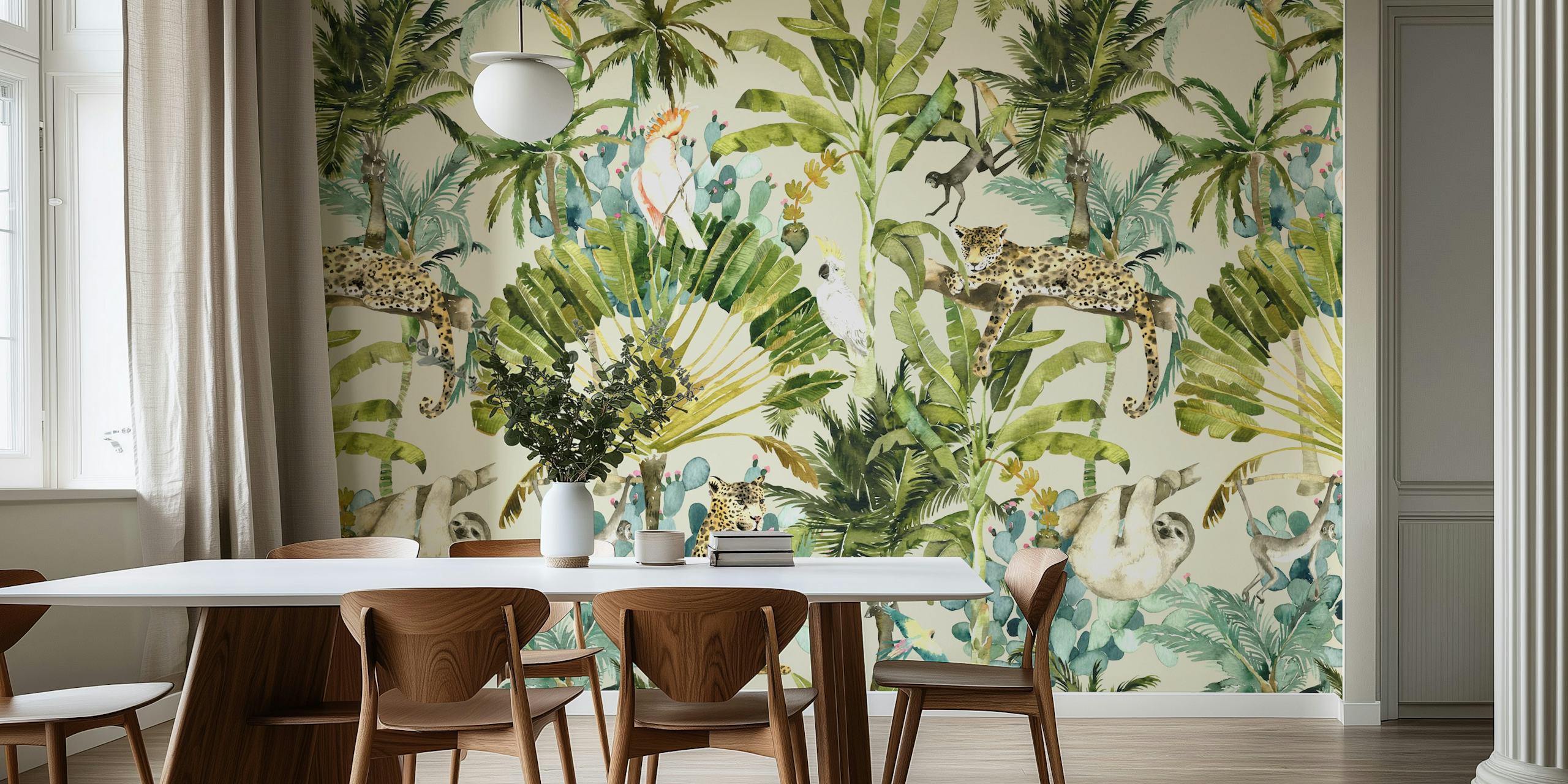 Papier peint Dense Tropical Forest avec léopards et oiseaux