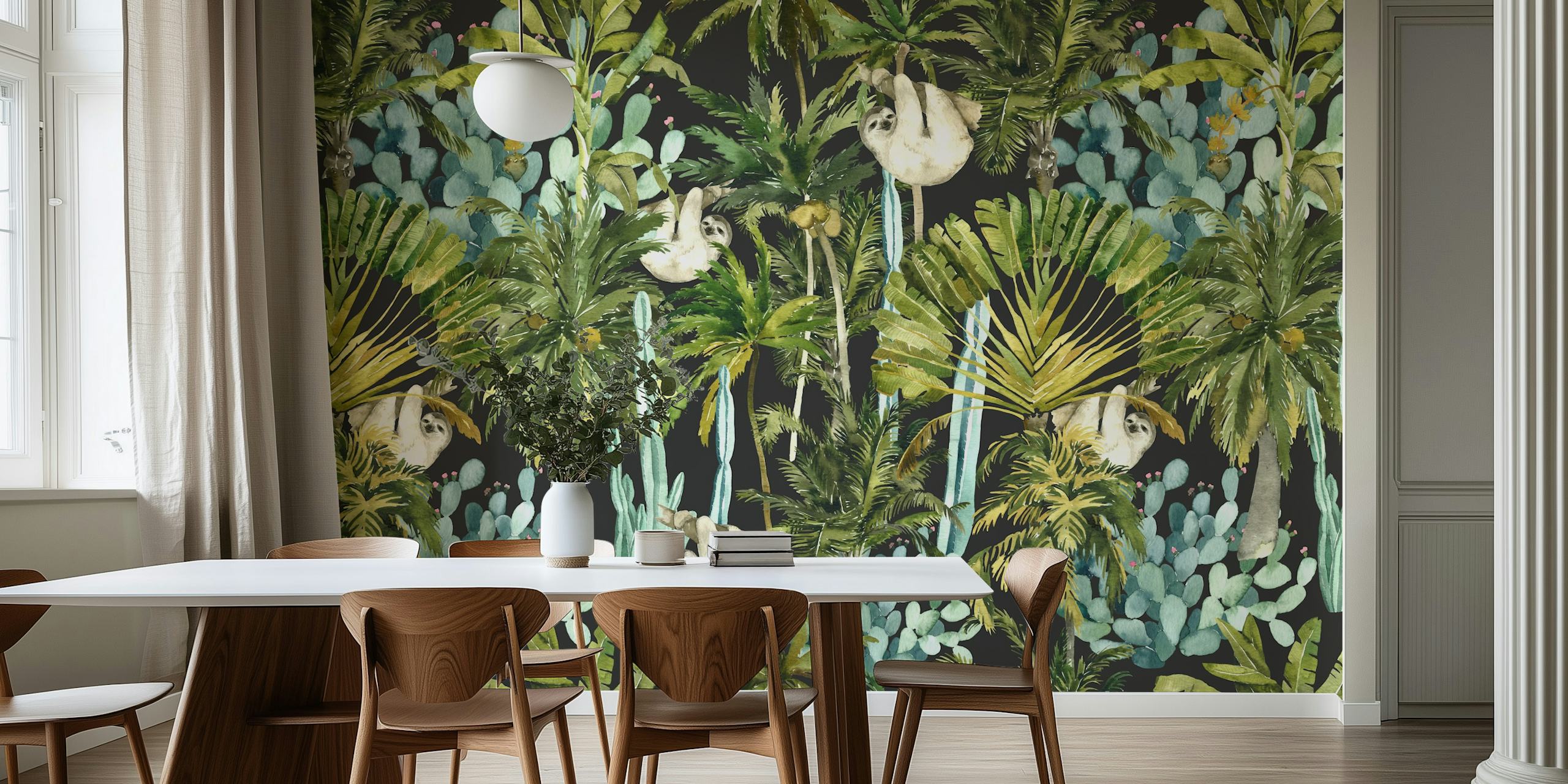 Dense rainforest wallpaper with sloths and cacti