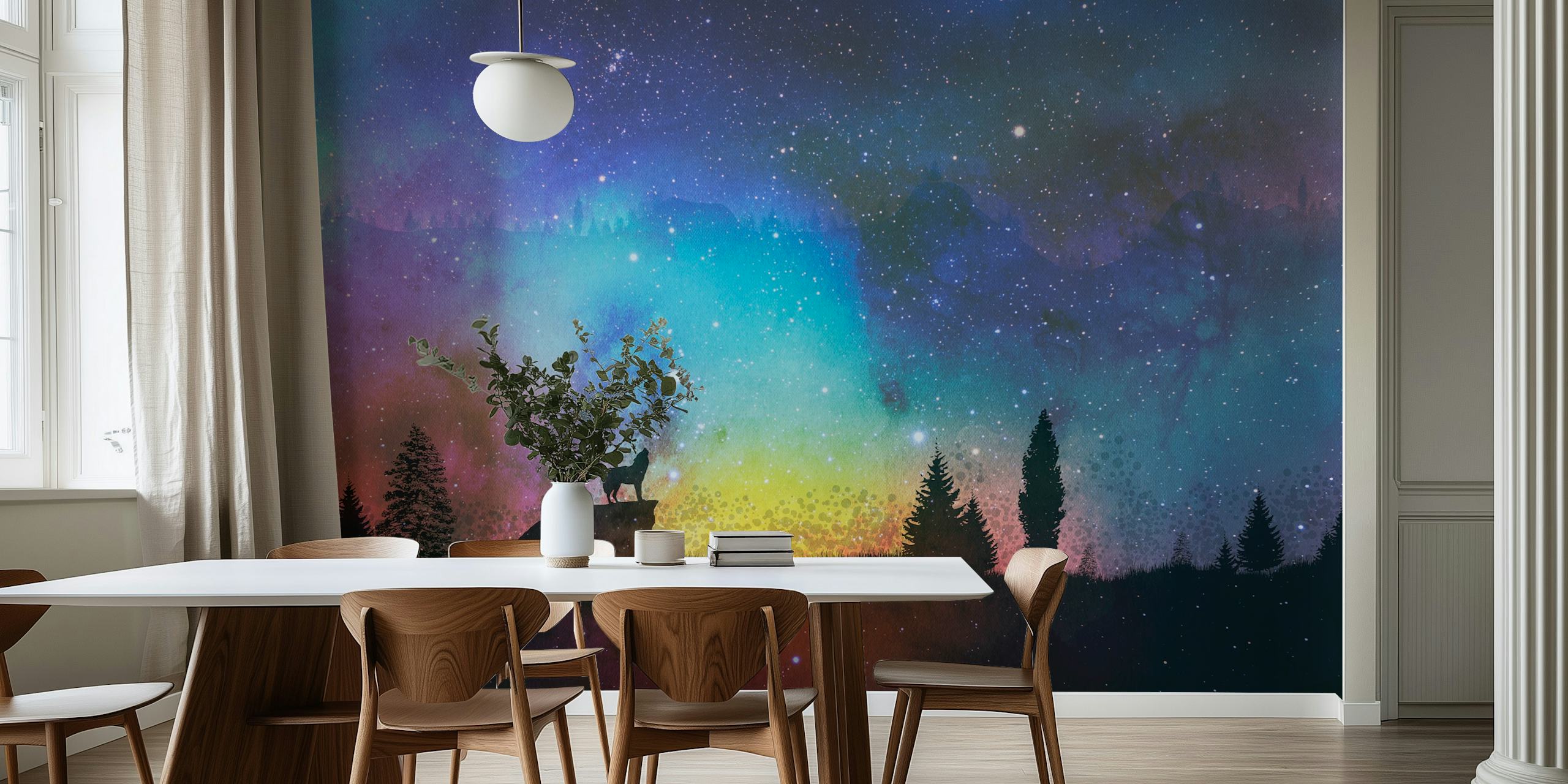 Wolf under the stars på en fargerik bakgrunn