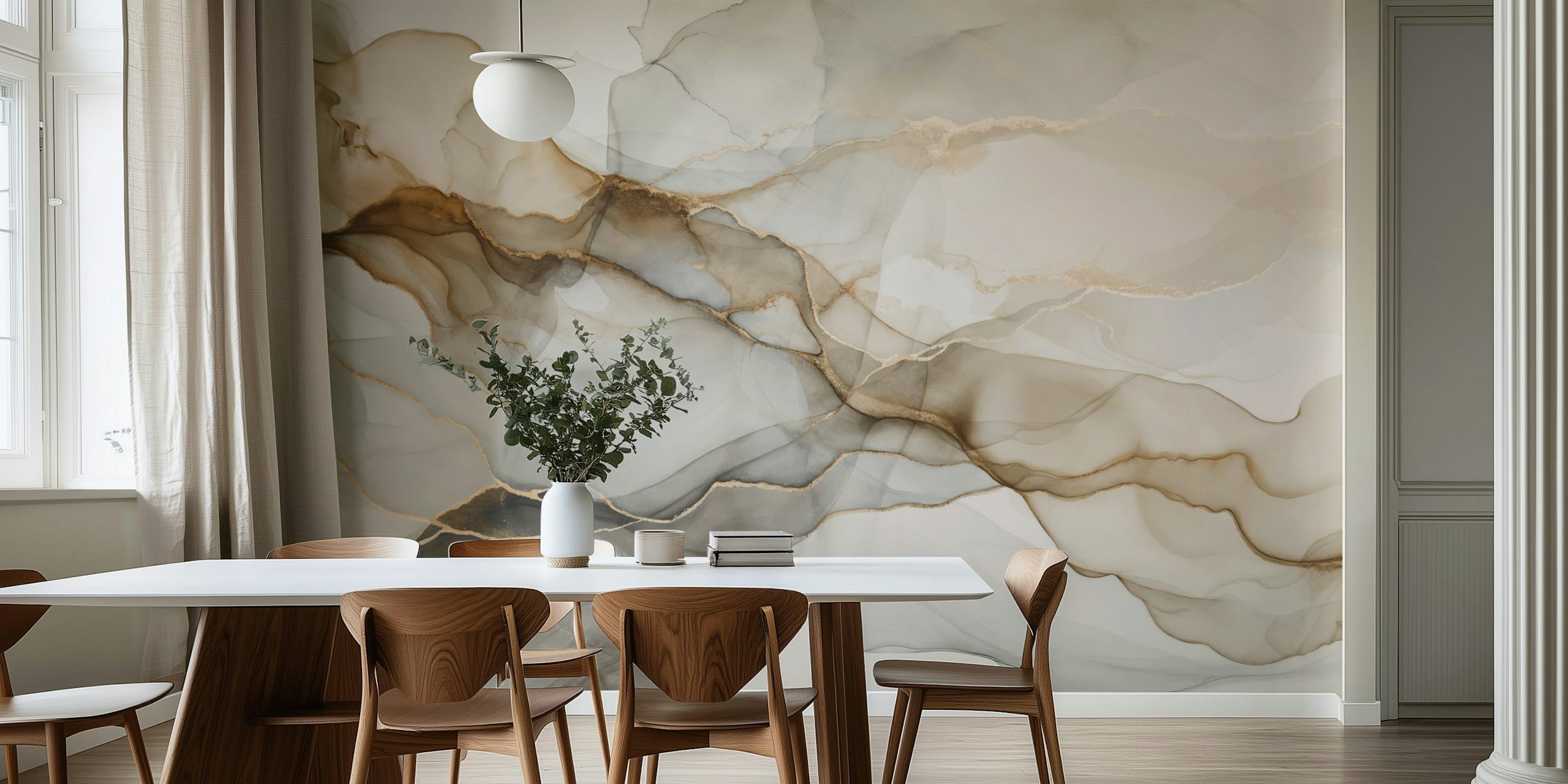 Serene earthy tones ink flow wallpaper in a room