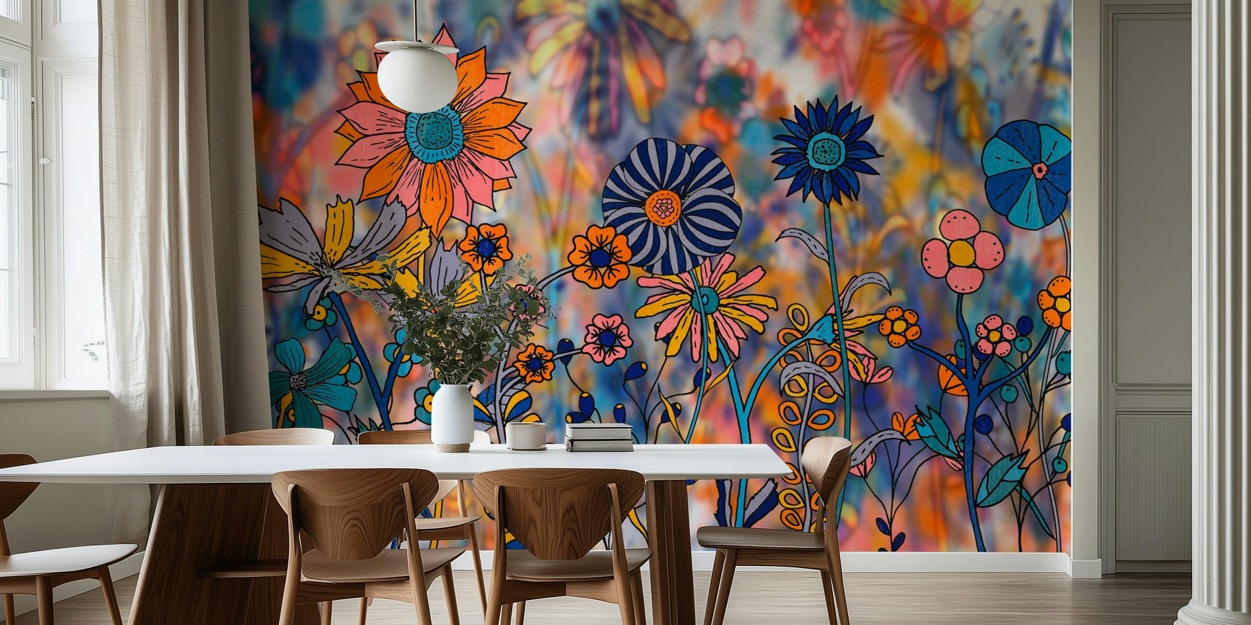 Vibrant kukkatapetti huoneessa