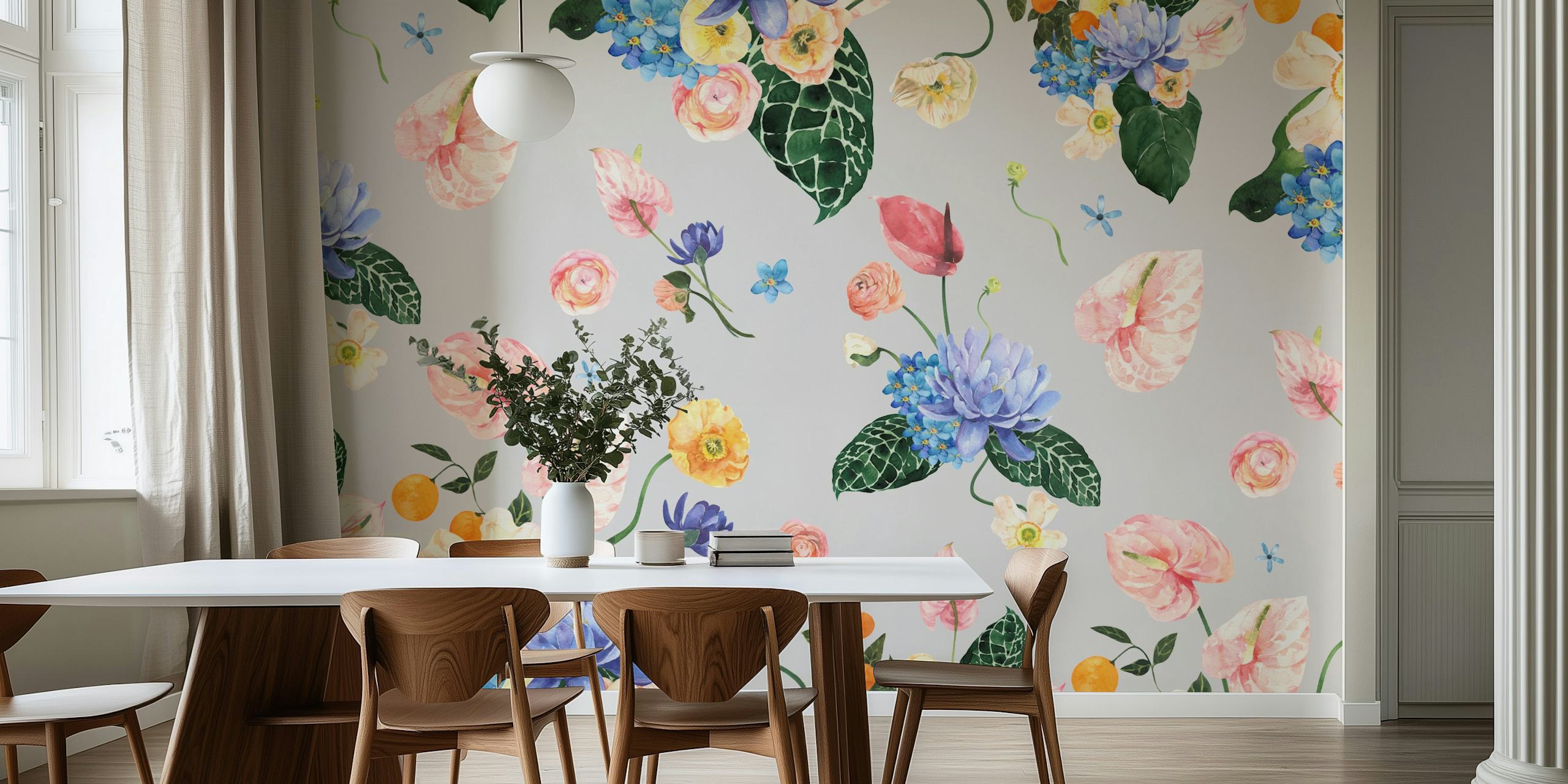 Exotic watercolor flowers wallpaper in a room