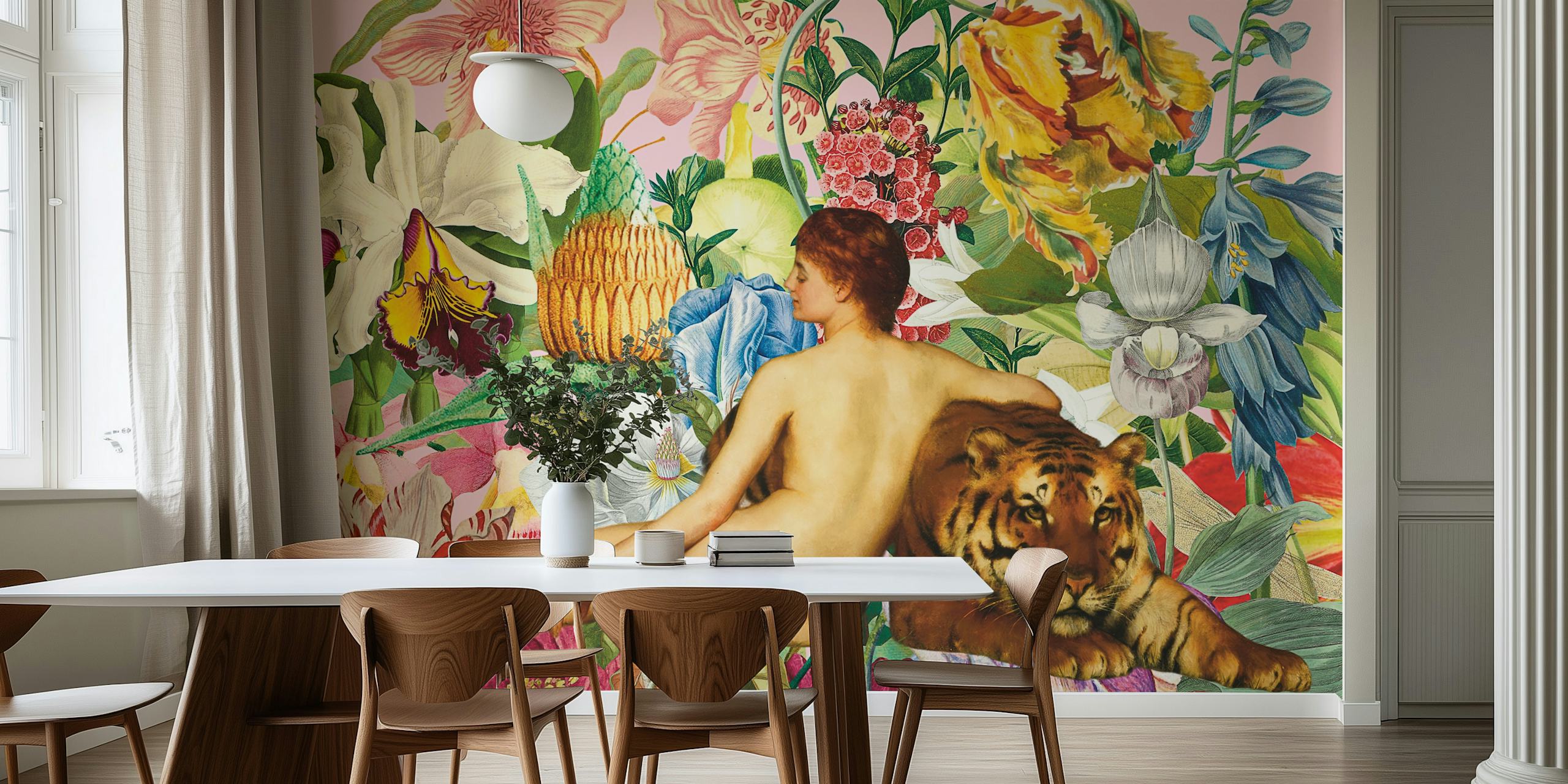 Floral wallpaper with a woman and tiger featuring vibrant flowers on pink background