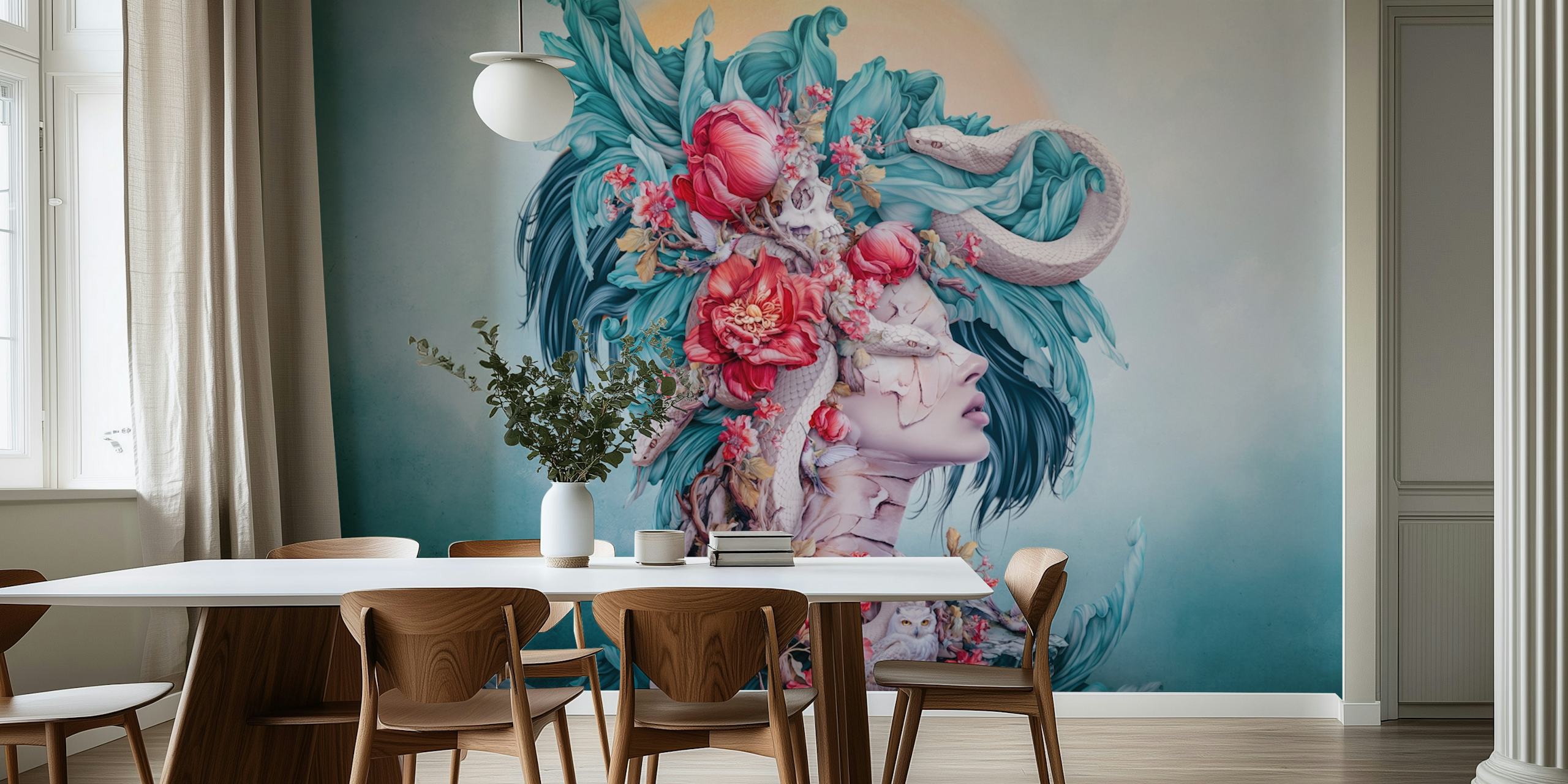 Colorful woman with flowers and snakes, turquoise tones, surreal wallpaper
