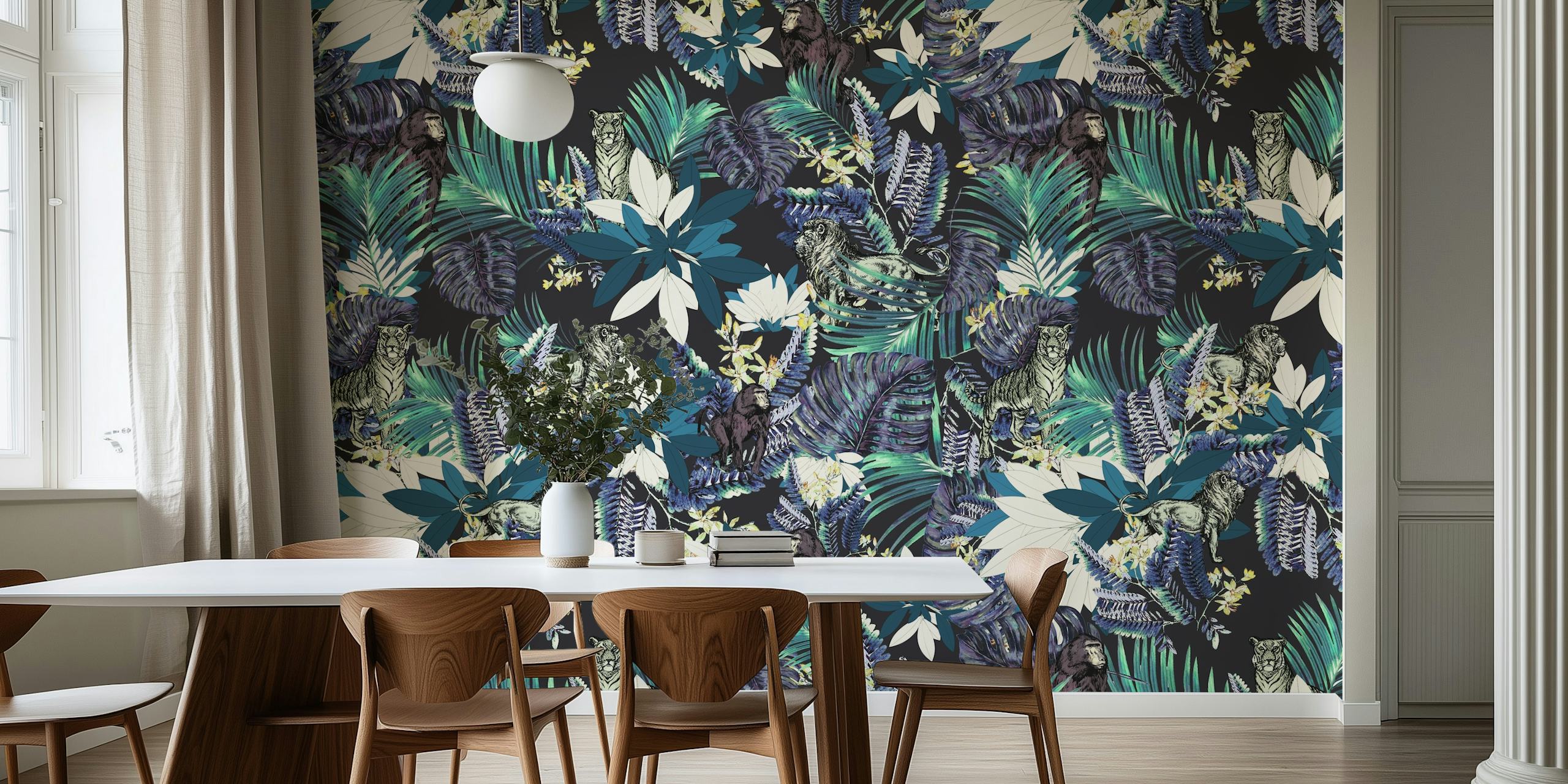 Tropical floral jungle design with tigers and ferns in dark colors wallpaper