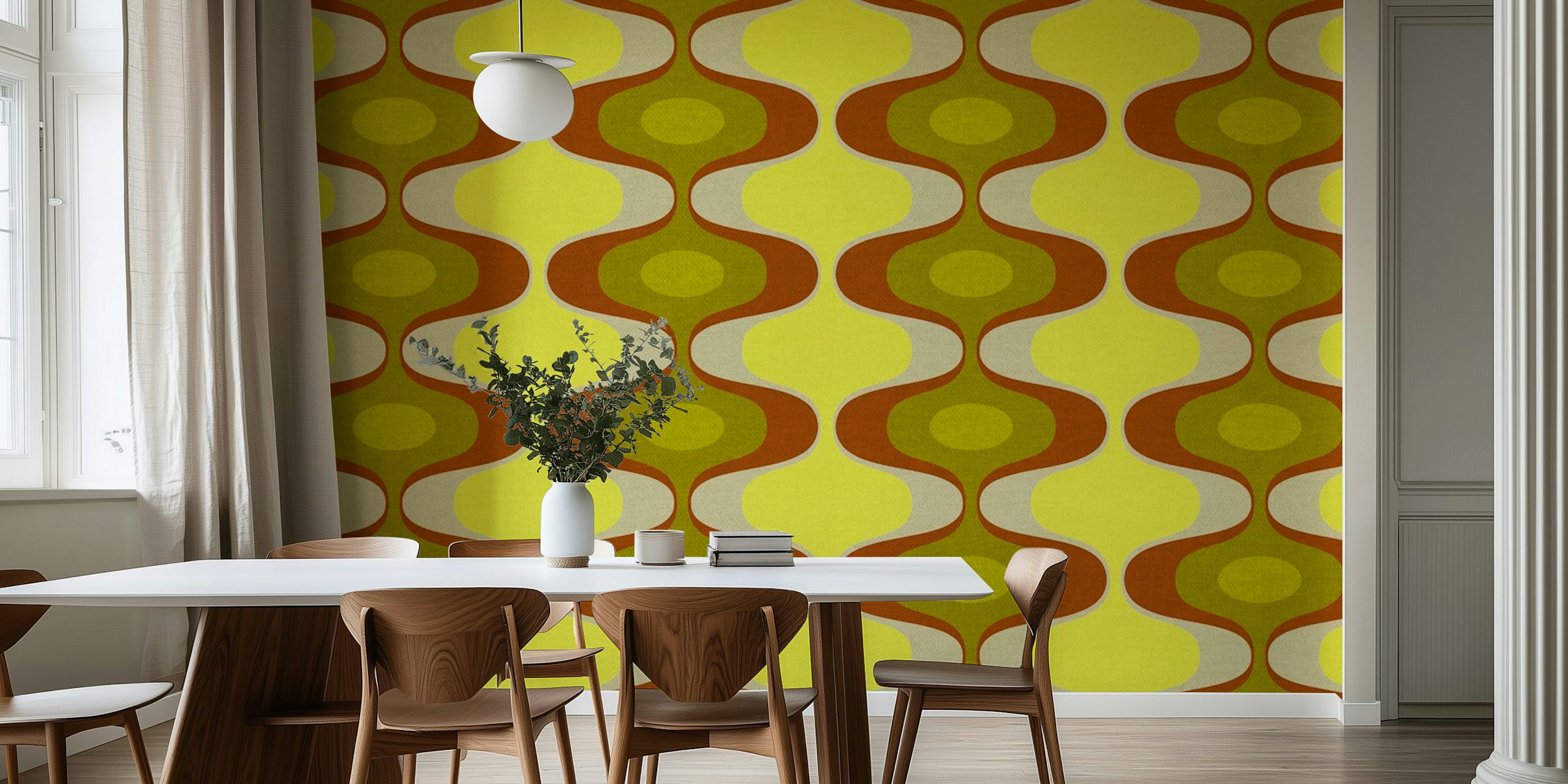 Curved wave patterns in green, brown, and cream retro wallpaper