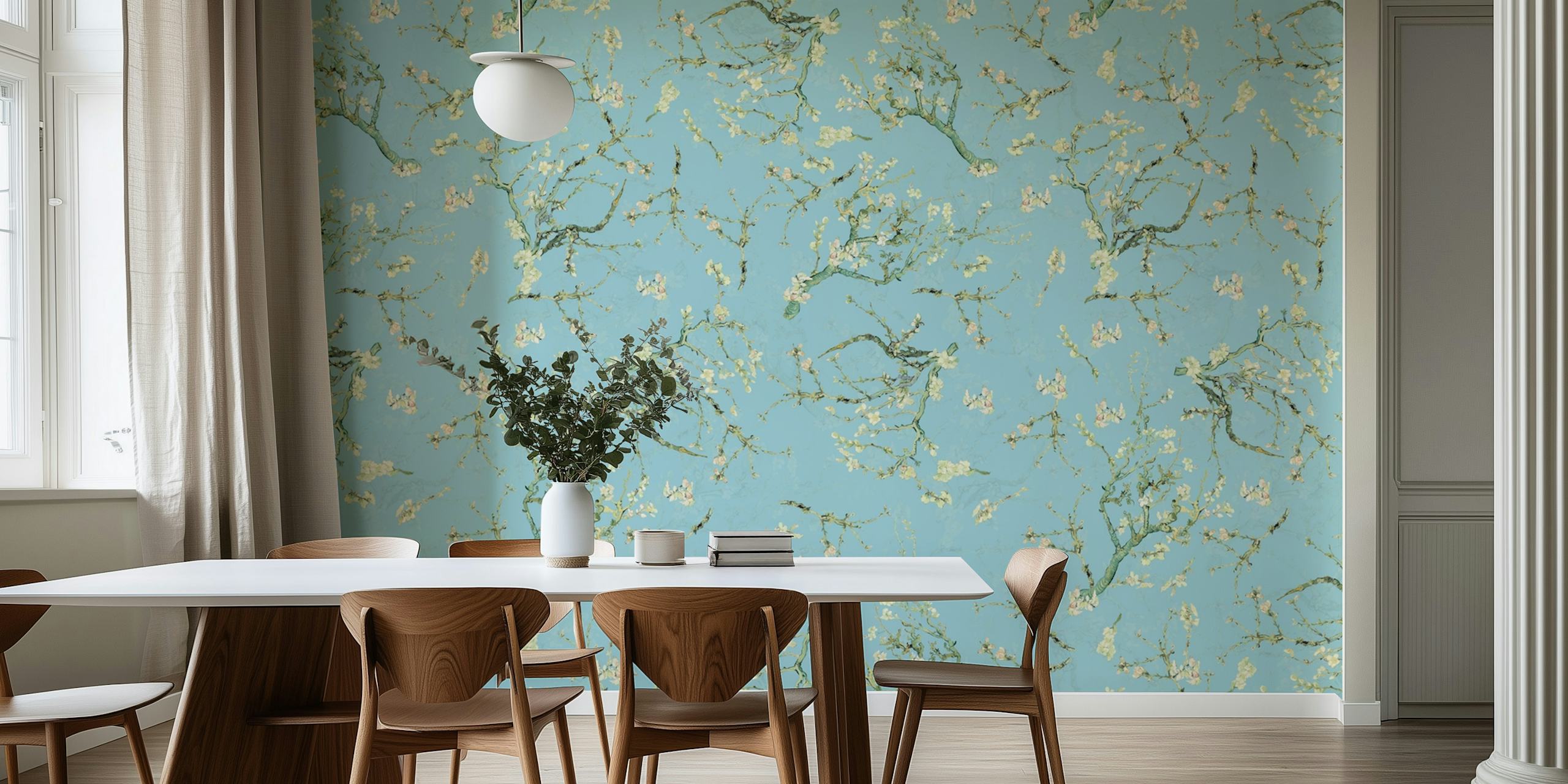 Blue floral wallpaper featuring almond blossom branches in a repeating pattern