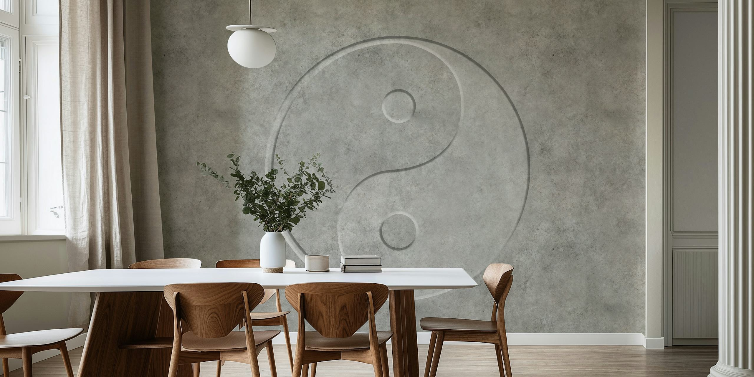 Gray concrete wallpaper featuring a Yin Yang symbol in the center