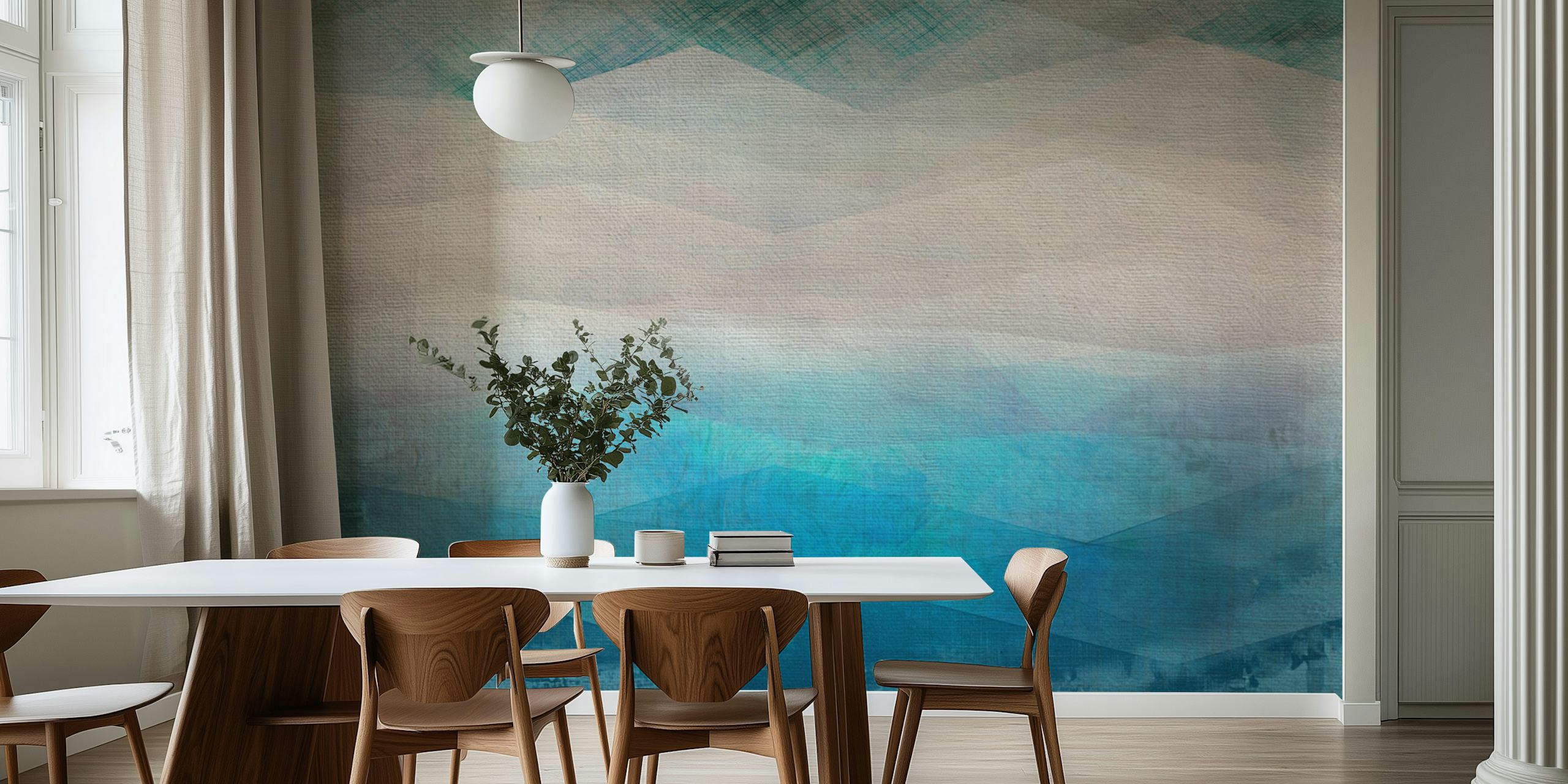 Design de papel de parede Serene Aqua Peaks em um quarto
