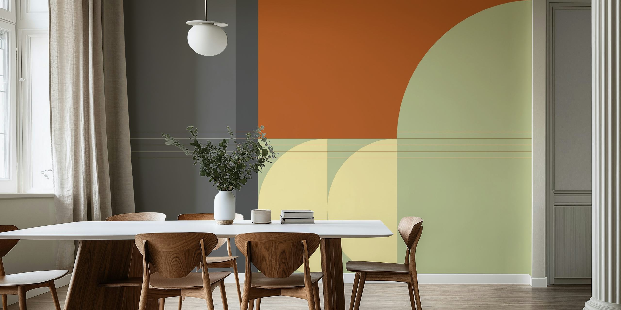 Geometric shapes in earthy colors orange, green, and beige wallpaper