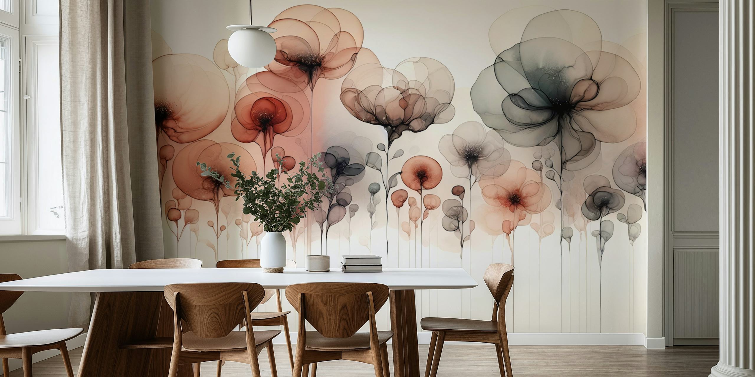 Translucent floral wallpaper featuring soft brown and black flowers with delicate stems